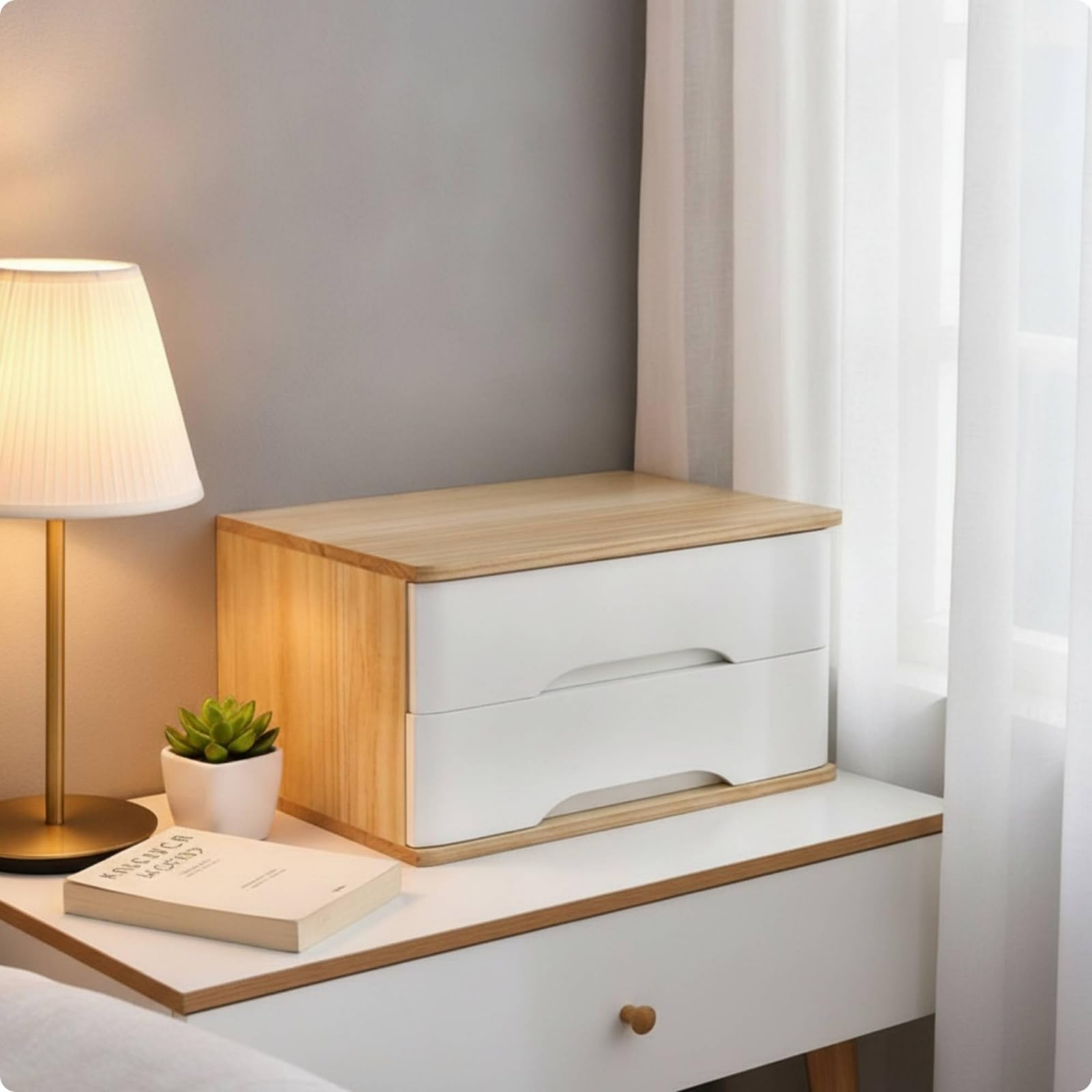 da Scrivania Cassettiera Organizer Contenitore Cassetti in Paulonia con Cassetti Sovrapposti Estraibili Adatto per Camera da Letto Scrivania Studio Spazio Piccolo, Noce + Bianco, 40 28 22CM