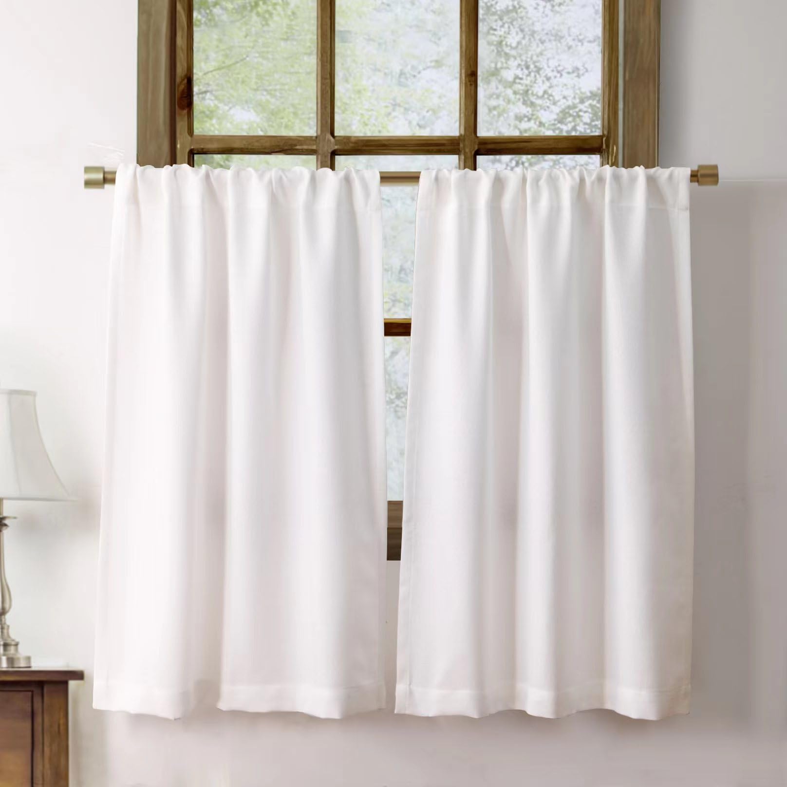 Photo 1 of Faux Linen Kitchen Curtains 36 Inch Length Cafe Curtain Tiers for Living Room Bathroom Basement Windows Country Rustic Small Short Curtains, Set of 2, White