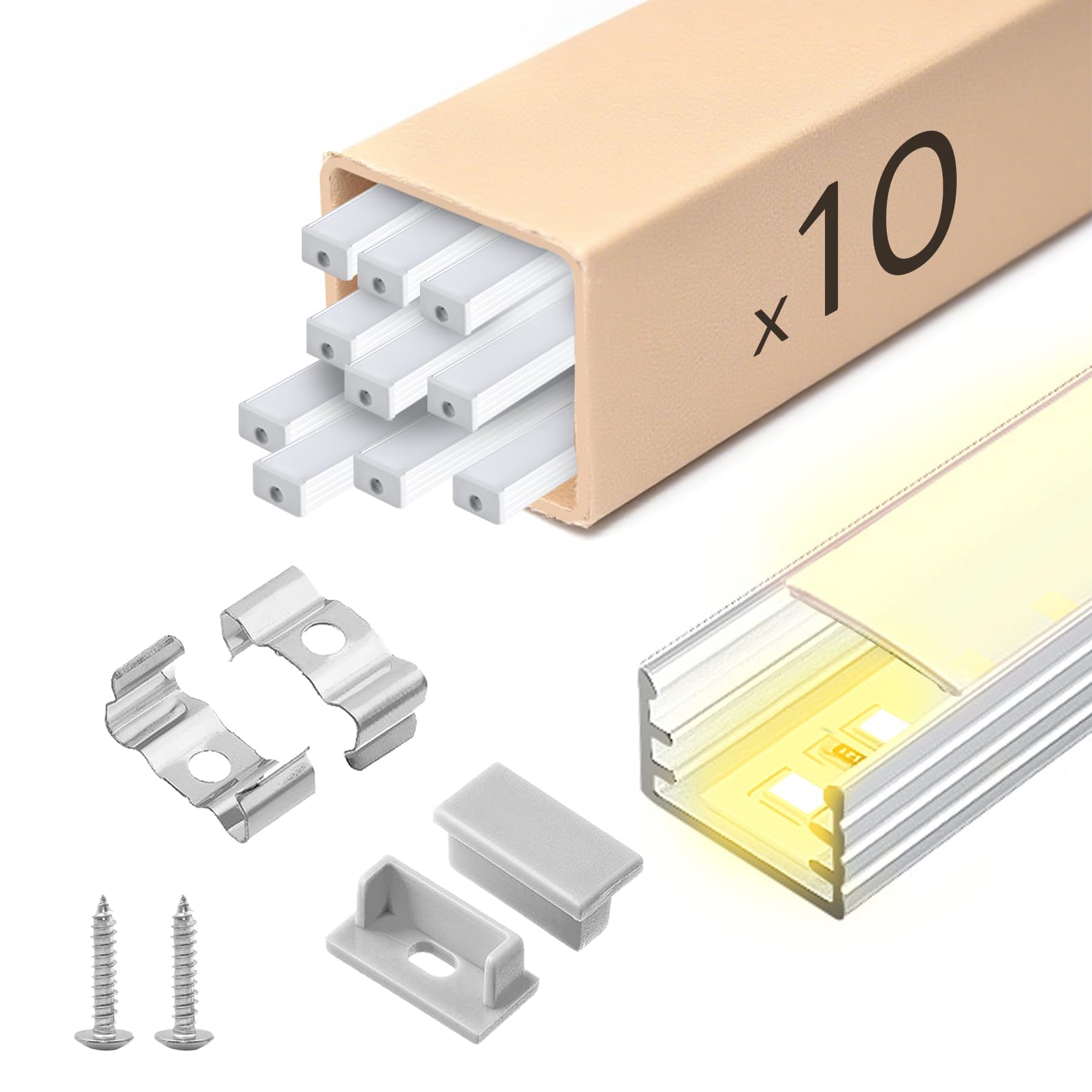KSIBNW LED Profil Aluminium 1M 10Stück, U-Form Aluprofil Schiene Indirekte Beleuchtung Kanal mit Milchiger Abdeckung, Endkappen, Montageclips Diffusor für 8mm 10mm Breite LED Leiste Streifen Strip