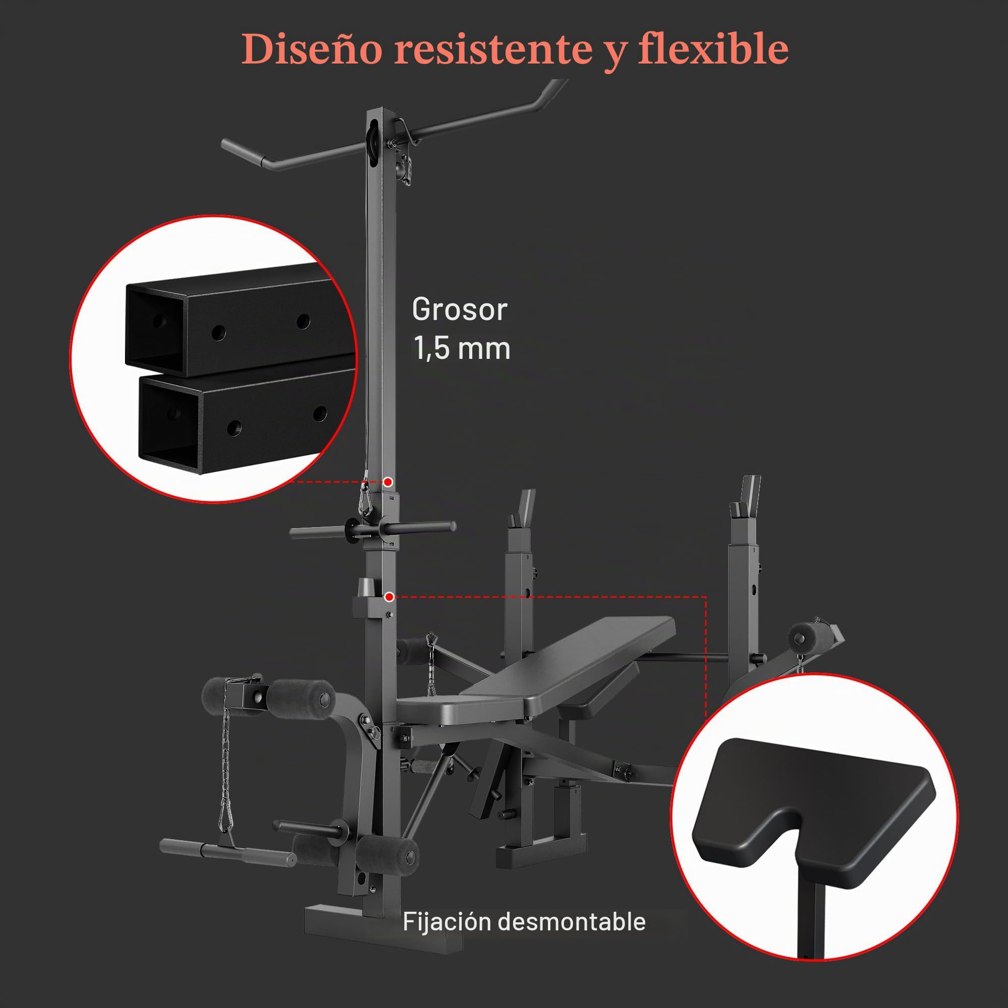 Banco De Pesas Ajustable 4 En 1 Para Gimnasio En Casa - Con Rack Para Barra, Extensión De Piernas, Pad Rizo Predicador y Articulación Mariposa - Plegable y Soporta 900 Lb Para Entrenamiento Completo