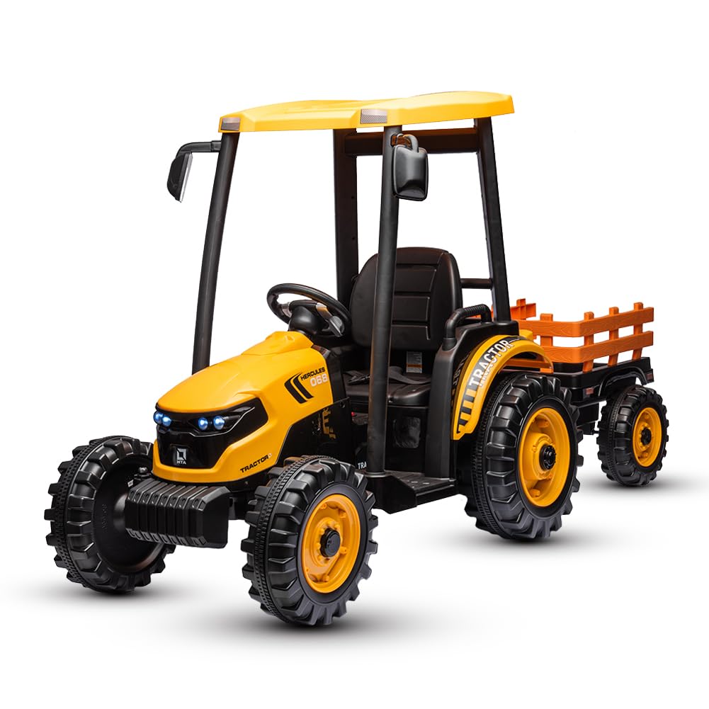 EAPC Ride on Tractor with Trailer, 24V Dual Motors Ground Loader, Battery Powered Electric Vehicle Tractor Toys with 3-Gear-Shift,Safety Belt for Kids Boys Girls,Yellow(Kids Tractor with Trailer)