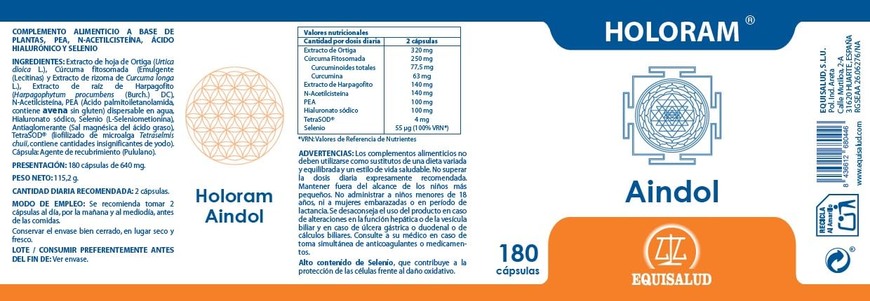 Holoram Aindol Equisalud 180 Cápsulas | Bienestar Articular y Confort Corporal | Cúrcuma, PEA, NAC, Harpagofito, Hialuronato y Antioxidantes
