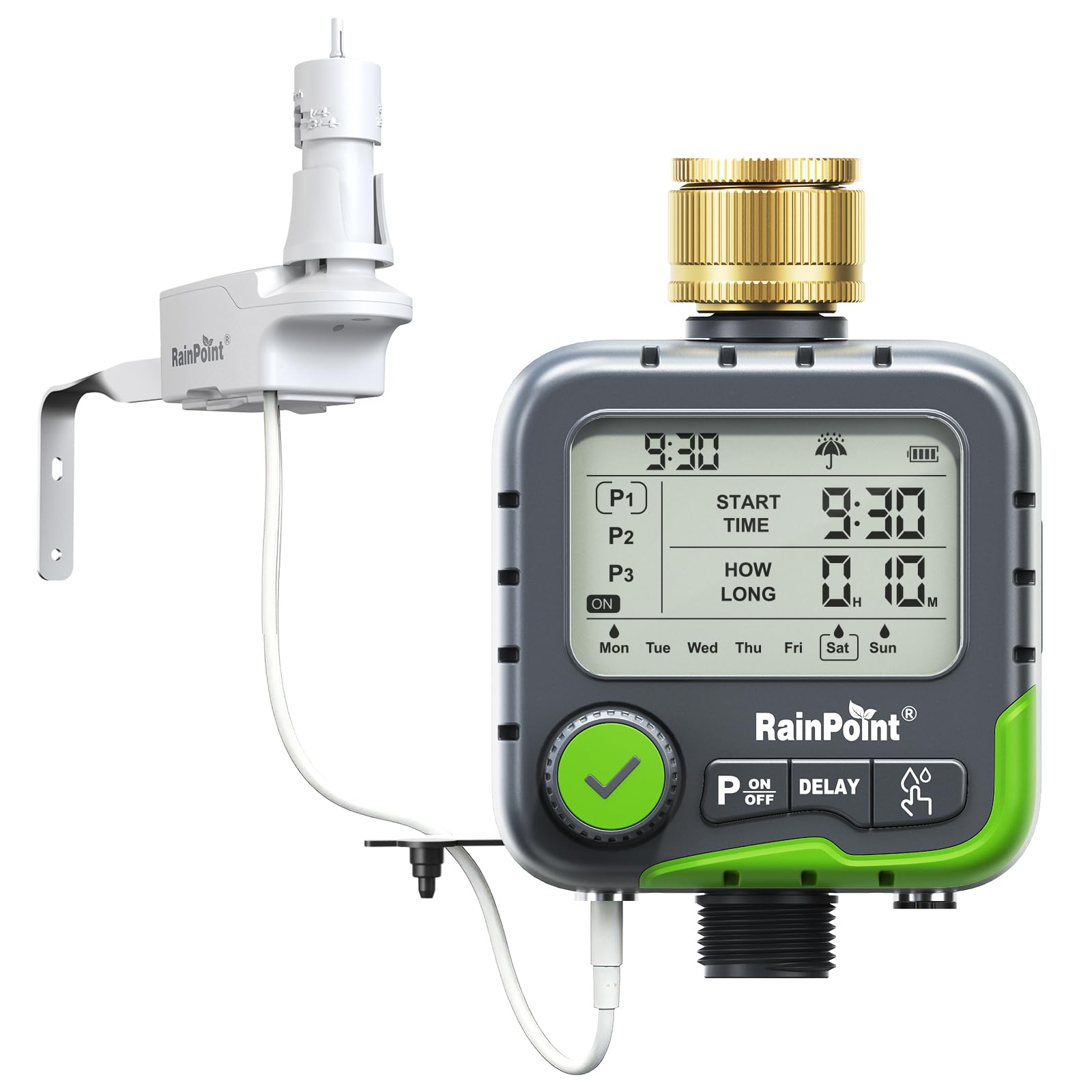 RAINPOINT 1-Zone Water Timer Kit with Rain Sensor, 3 Independent Plans, Automatic Rain Shutoff for Garden & Lawn Irrigation, Rain Delay, IP65 Waterproof