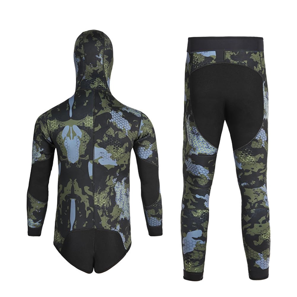 Muta da Uomo a Maniche Lunghe, 2 Pezzi in Neoprene 3mm Muta Mimetica con Cappuccio Integrato per Pesca Sub in Apnea, Snorkeling, Surf, Immersioni Subacquee - Giacca e Pantalone Completi