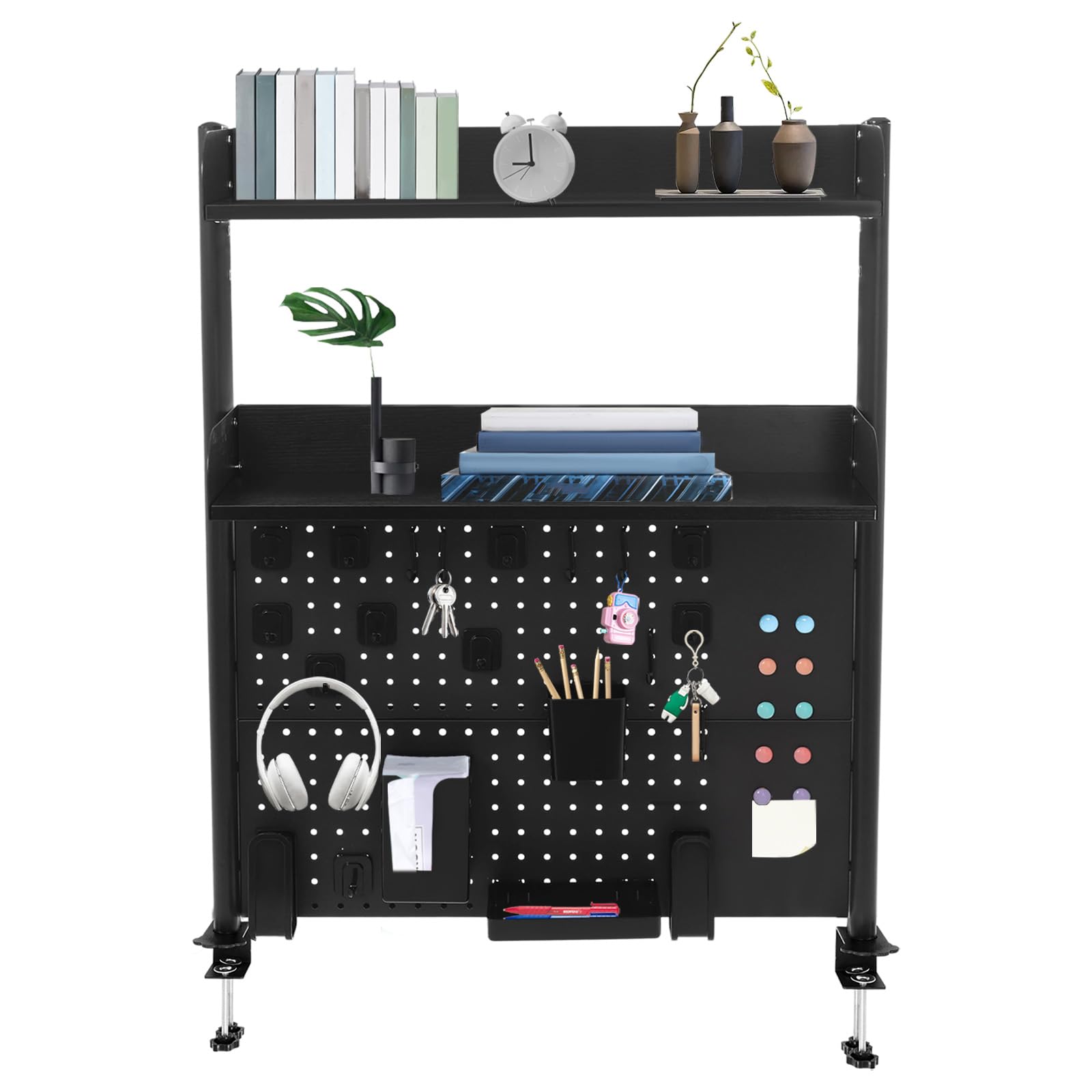 Klemmbare Schreibtisch Regal, 2 Ebenen Büro Computertisch Zubehör Organizer für Büro, Gaming, Zuhause, Aufhängbar, Klemmregal Mit Lochwand (Schwarz, 95x80x12.5cm)