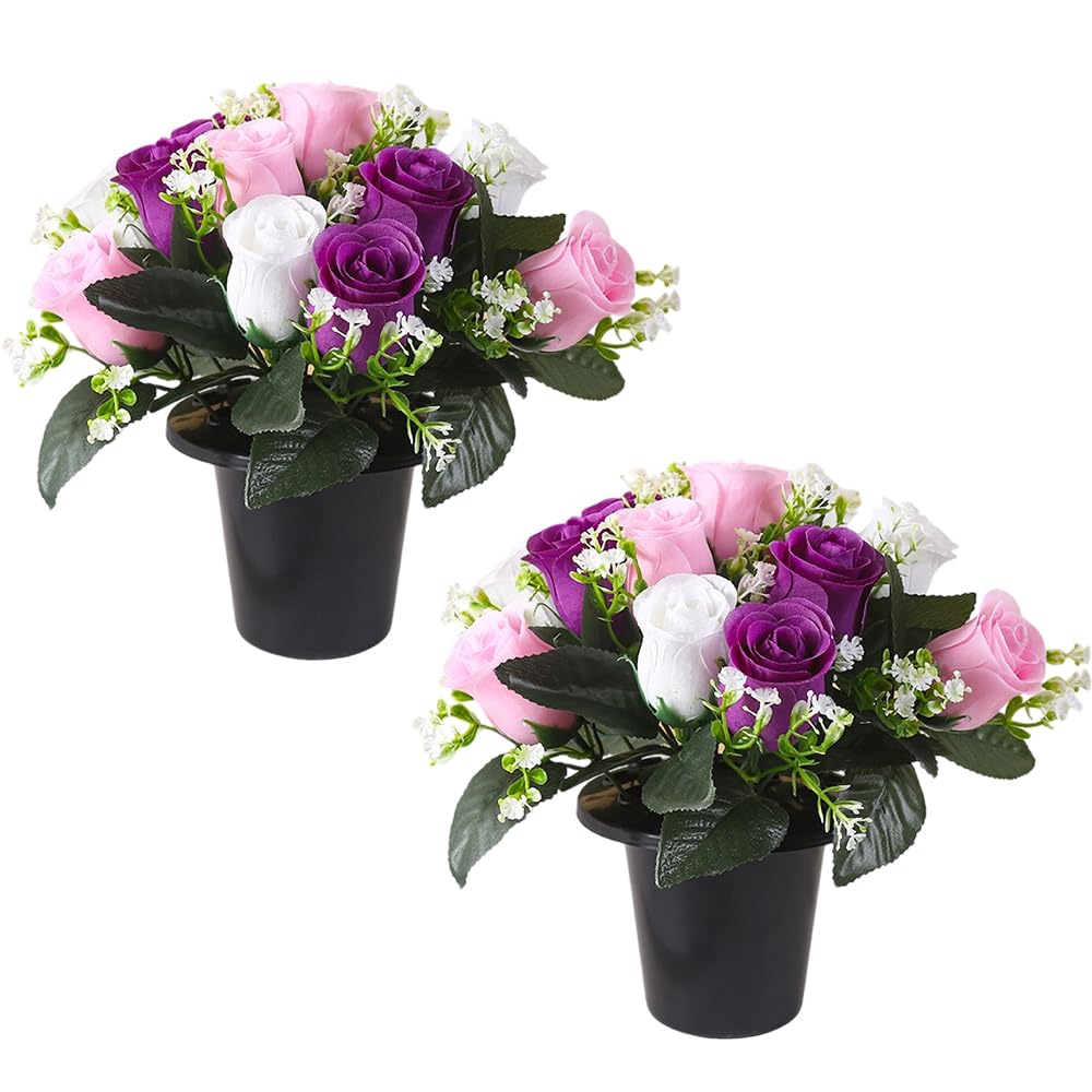 Weciau Artificial Flowers for Graves, 2 Pcs Grave Flowers with 12-Head Cemetery Flower, Funeral Memorial Silk Flowers for Graves for Lasting Tribute and Cemetery Decorations (White, Pink, Purple)