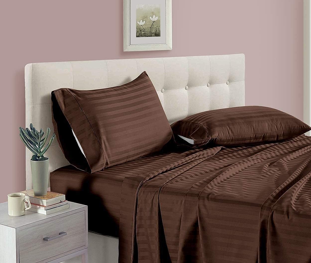 Harbell Home 300 TC Cotton Satin Double Queen Size Bedsheet with 2 Pillow Covers Plain Premium Platinum Superior Elegant Solid Stripes - 90 x 100 (Coffee) (B09CG4W31K) Amazon Price History, Amazon Price Tracker