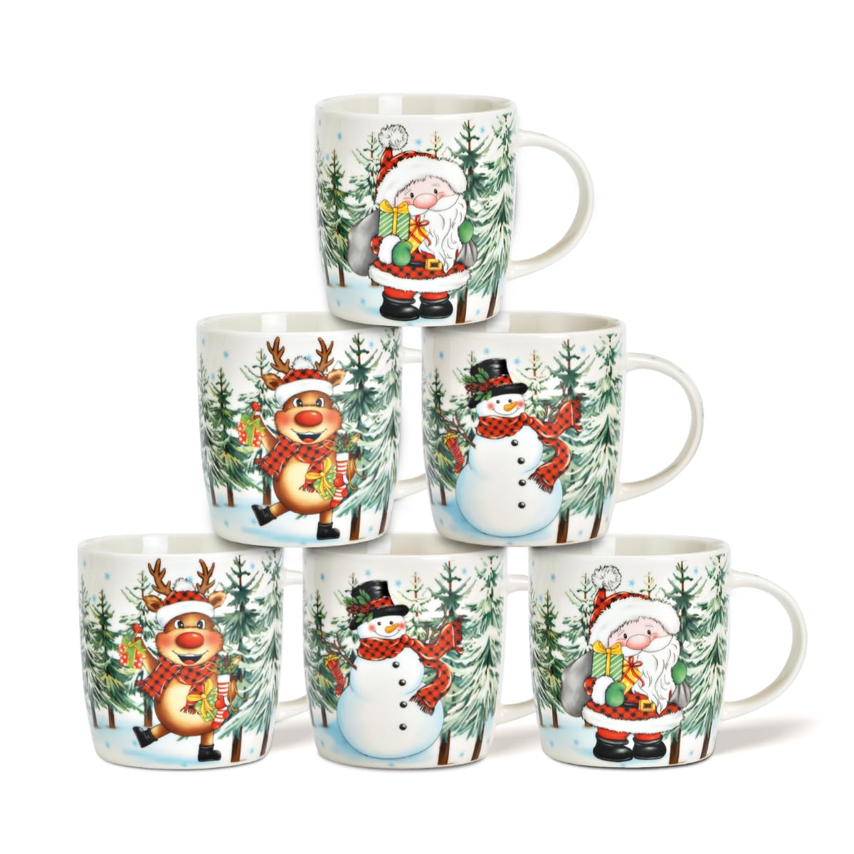 Tassen 6er Set Xmas Kinder Motive - Bunte Porzellan Kaffeebecher als Weihnachtstassen in 12 cm - Süße Kaffeetassen für Weihnachten spülmaschinenfest und mikrowellengeeignet