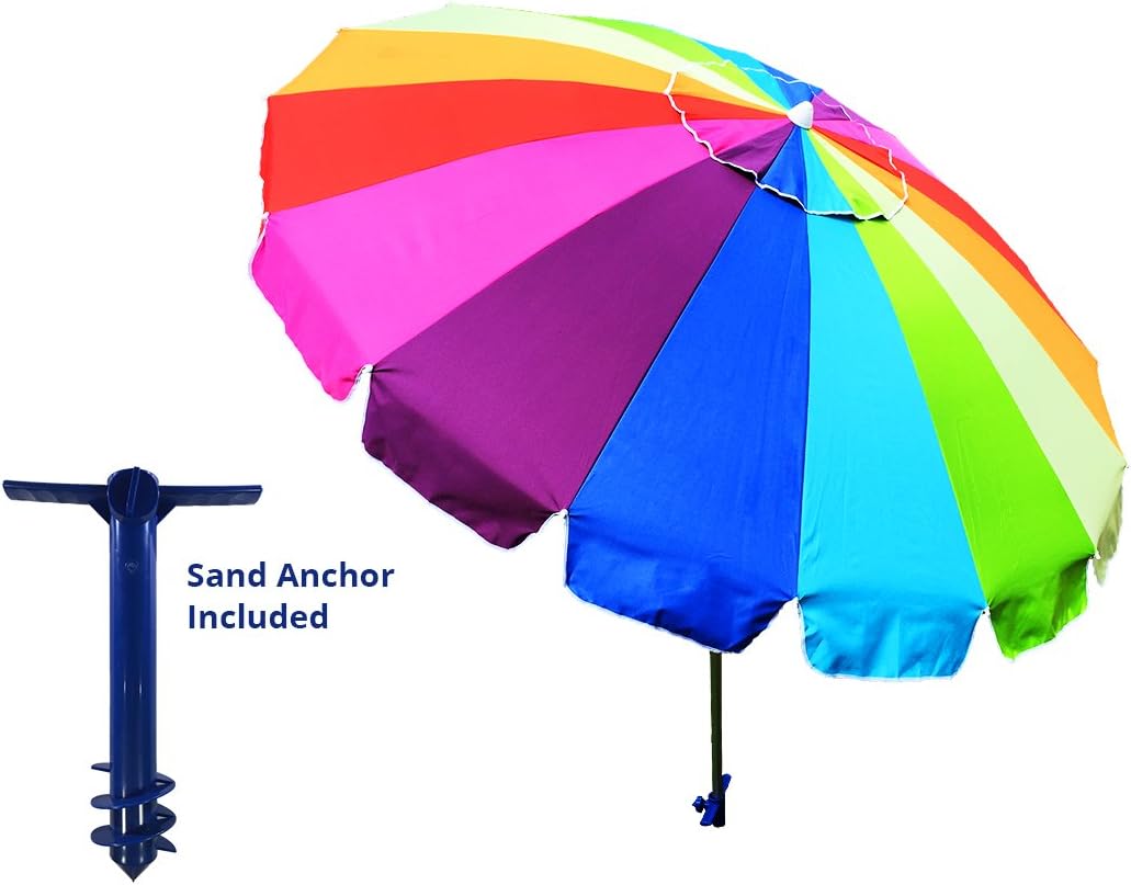 Giant 8' Rainbow Beach Umbrella, With UV Protection, Includes Large Sand Anchor, Sturdy And Windproof