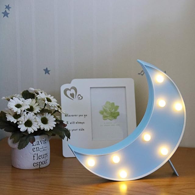 GUOCHENG Cute Moon LED Night Light Battery Operated LED Marquee Light Sign Decorative Table Lamps for Baby Children Bedroom Nursery Christmas Birthday Party(Blue)