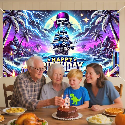 Image of Happy Birthday Backdrop Pirate Ship Skull Treasure Neon Photography Background 70.8x43.3in Boys Kids Party Decorations