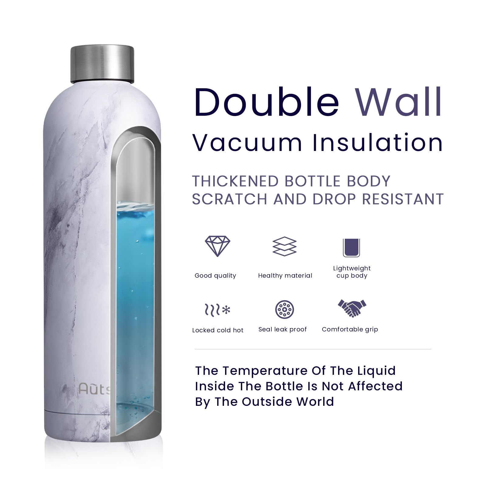Borraccia Termica 750ml Bottiglia Termica Isolata senza BPA Borraccia Sport in Acciaio Inox Bottiglia Acqua a Prova di Perdite per Ufficio, Yoga, Campeggio