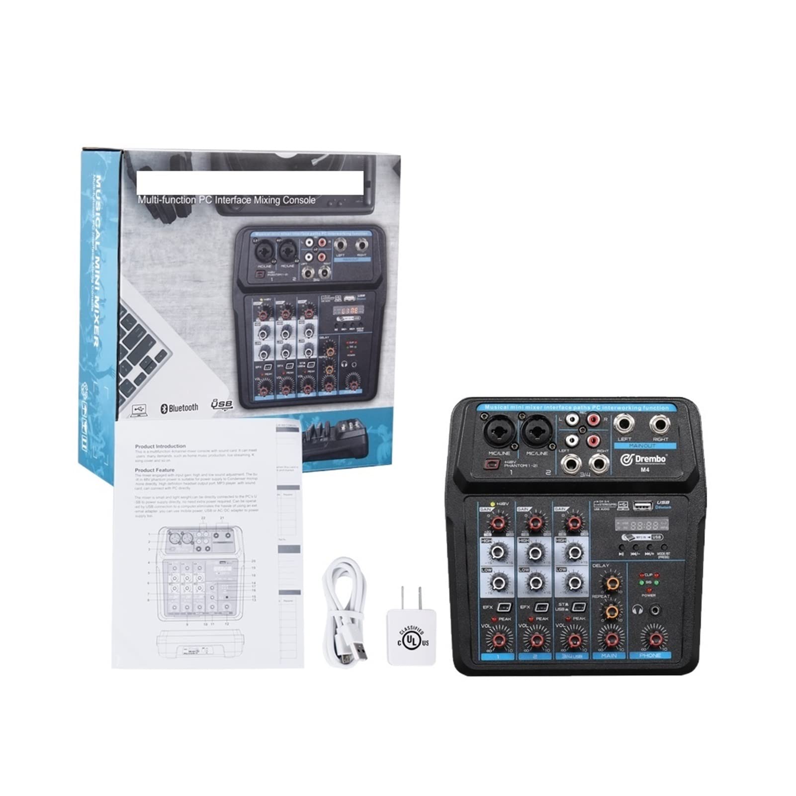 Kontroler miksera DJ M-4/6 Protable Mini Mixer Audio DJ Console with Sound Card, USB, 48V Phantom Power for PC Recording Singing Webcast Party do streamingu/podcastów/gier, telefonu, komputera(M4)