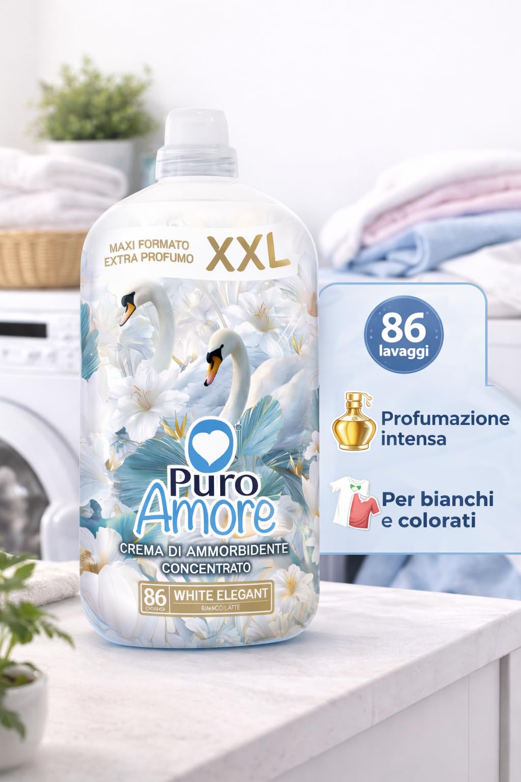 Puro Amore crema di ammorbidente concentrato bianco latte – profumo intenso e raffinato – maxi formato XXL – 86 lavaggi per bottiglia – extra profumo – formato convenienza 3 o 6 bottiglie (6)