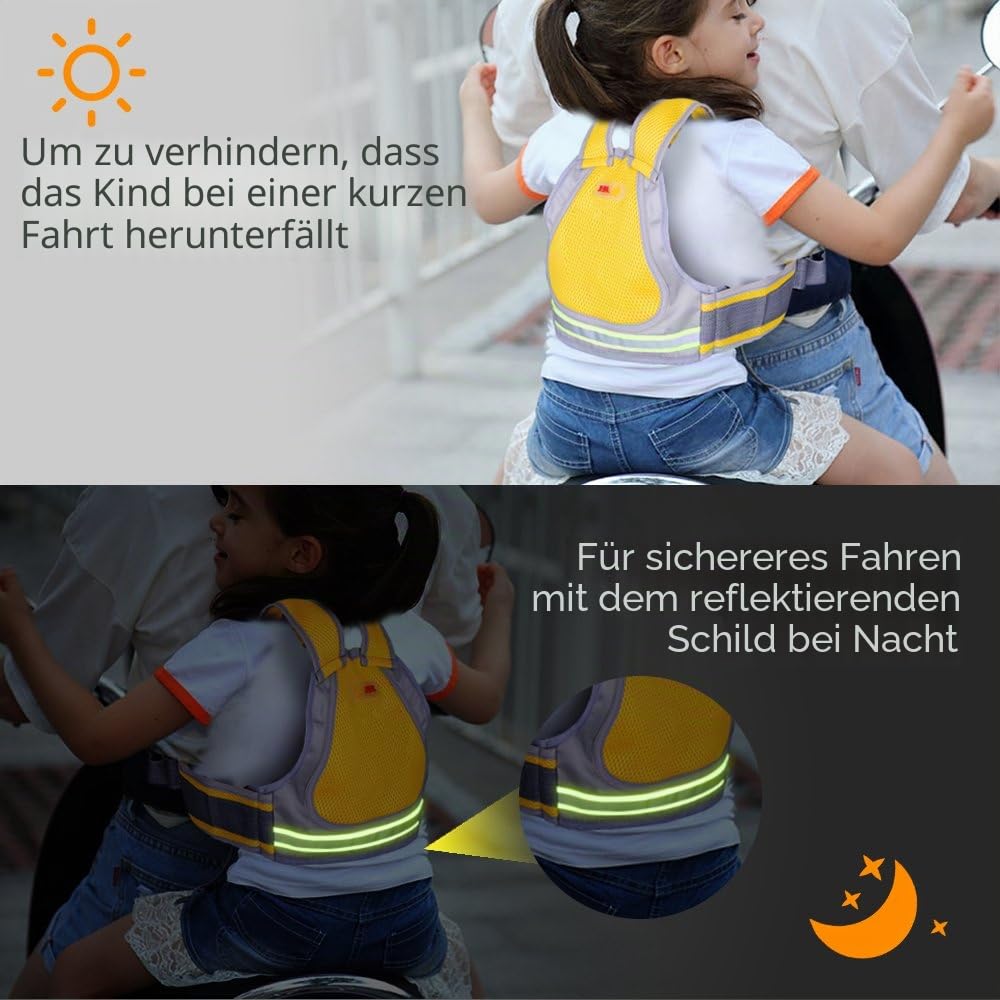 Jolik Kinder Motorrad Sicherheitsgurt mit 4 - in - 1 Schnalle atmungsaktives Material mit Reflektierendes Material —kinder motorrad gurtzeug（Gelb）