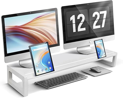 Soporte elevador para monitor doble, soporte para monitor de computadora de 28 pulgadas con ranura multifuncional para 2 monitores, almacenamiento