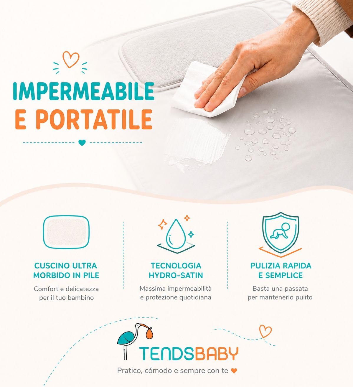 TENDS Fasciatoio Portatile Neonato - Fasciatoio Pieghevole e Impermeabile per Viaggio como Neonato Accessori Utili - Regalo Nascita Perfetto per Bimbo e Bimba - Fasciatoio neonato portatile