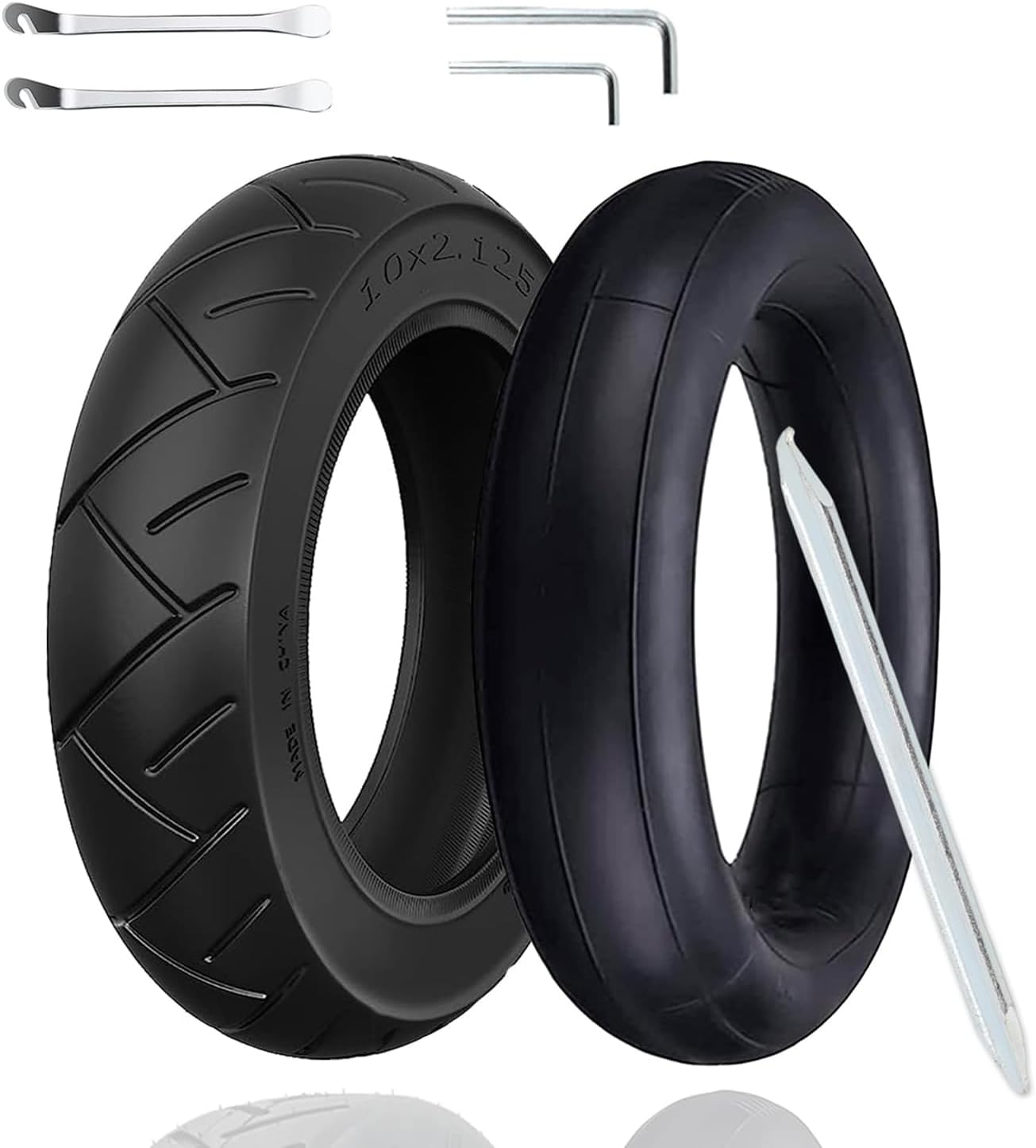 OUXI 2Pack Electric Scooter Tyre 10 x 2.125,10 inch Inner Tube Electric Scooter Outer Tire&Inner Tubes Double Thicken Inflatable Front/Rear Replacement Rubber Tires with 0° Valve Angle and Crowbars