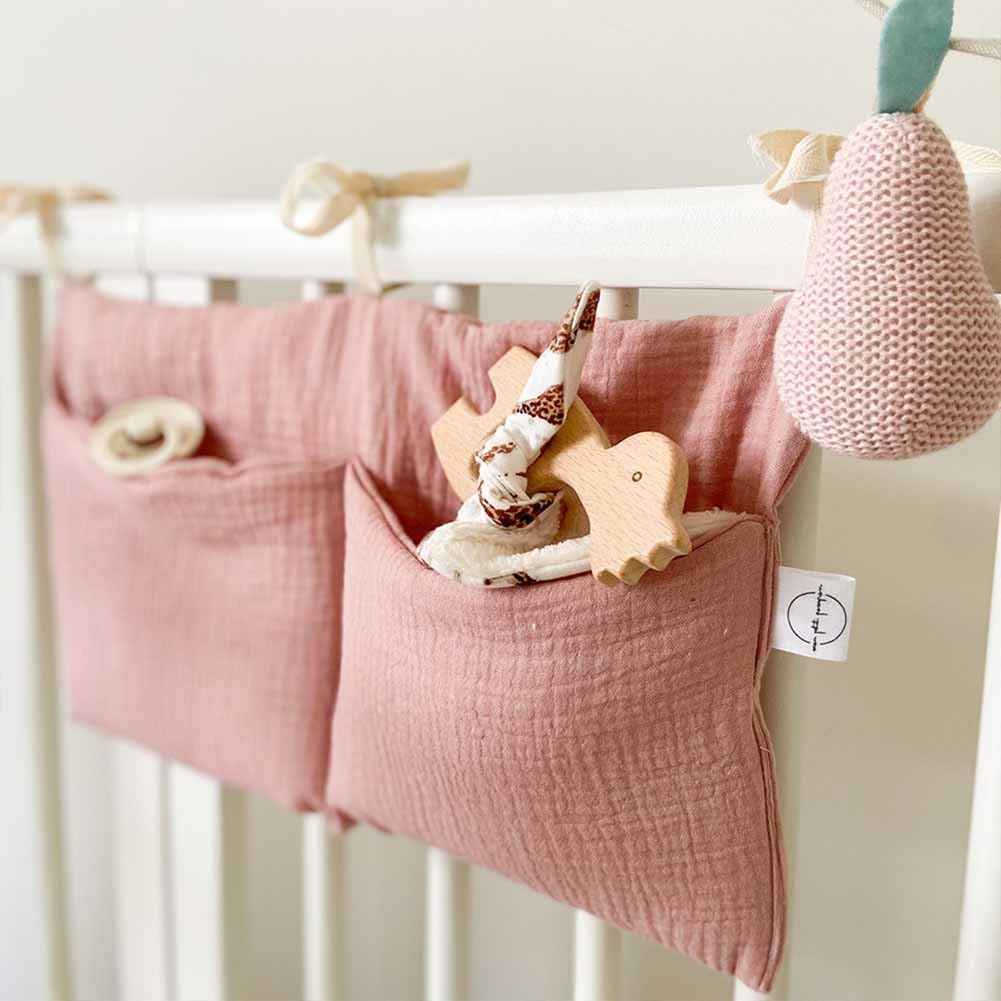 YeeMan Cotton Baby Bedside Hanging Storage Bag,2 Pockets Organizer for Baby Cribs and Toys (Pink)