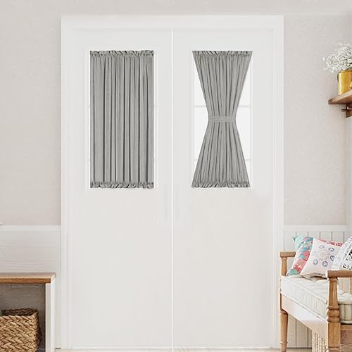 Turquoize Elegant Linen French Door Curtains Light Filtering Curtain Panels Rod Pocket Linen Panel for Glass Door with Tie-Back Privacy Assured Semi Sheer Door Panels, 25" W by 40" L, 2 Panels, Grey