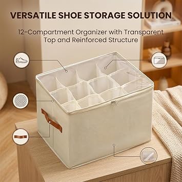 Gray Foldable Shoe Storage Bin Clear Window Stackable 12 Pairs (1 Set Beige)