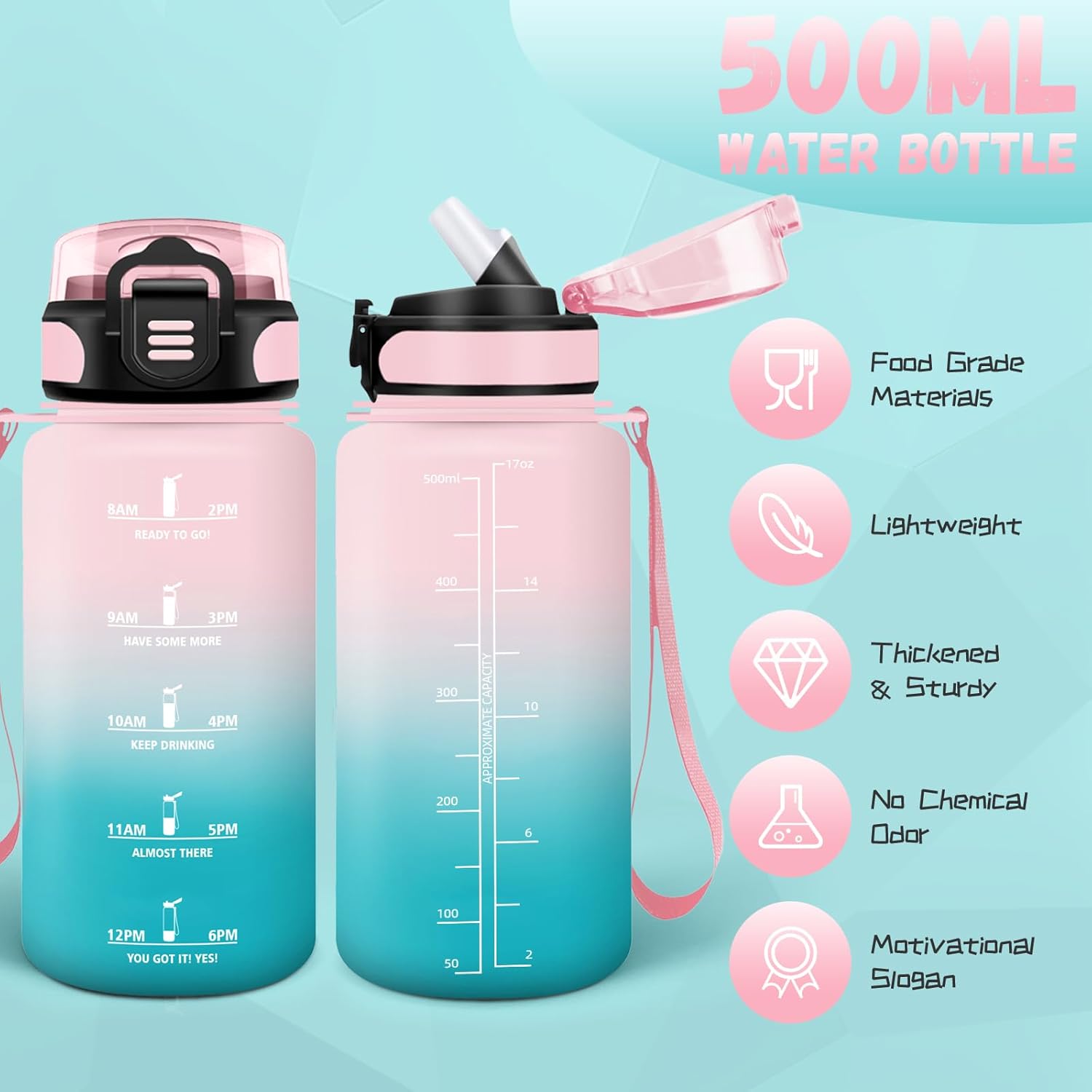 Children's Drinking Bottle, 500 ml, with Straw, Can Be Carried, Leak-Proof, Girls' Water Bottle, with Time Marking, for School, Running, Camping, Pink-Cyan