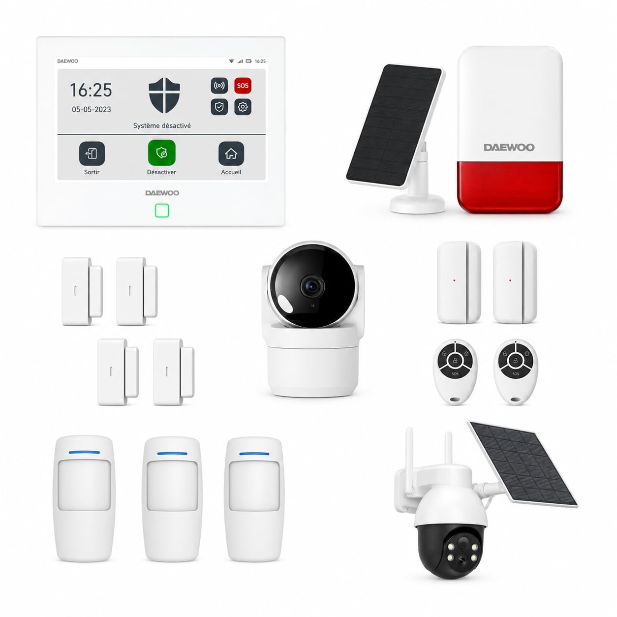 Daewoo Security Pack Alarme Maison Connectée WiFi/GSM Touch 7" AM502L - sans Abonnement, Caméra Intérieure & Extérieure Solaire Full HD, 7 Détecteurs, Compatible Alexa & Google Home, Sirène