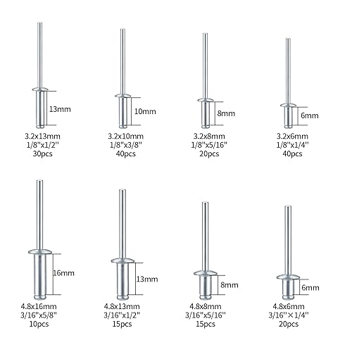 Miniatura 2 de Kit surtido de 190 remaches pop, 8 tamaños, 18 x 14 pulgadas, 18 x 516 pulgadas, 18 x 38 pulgadas, 18 x 12 pulgadas, 316 x 14 pulgadas, 316 x 516