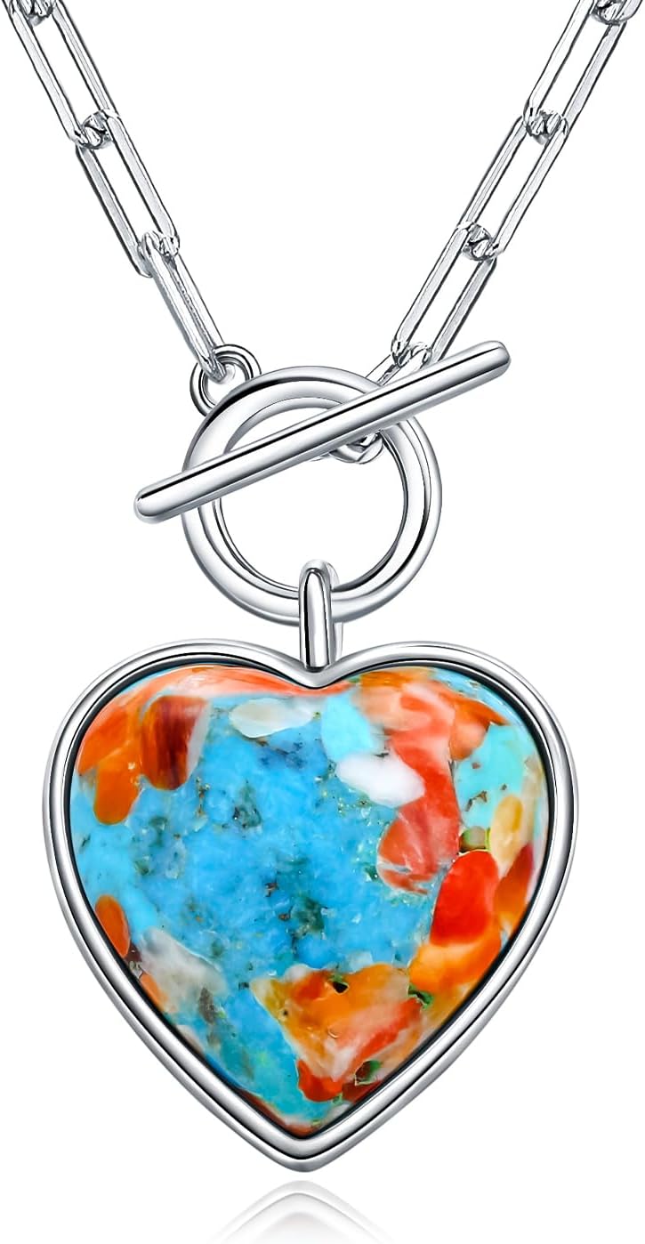 AIBAO Natural Turquoise/Coral/Lapis Lazuli/Malachite Necklaces for Women Sterling Silver Gemstone Toggle Necklace Western Boho Jewelry