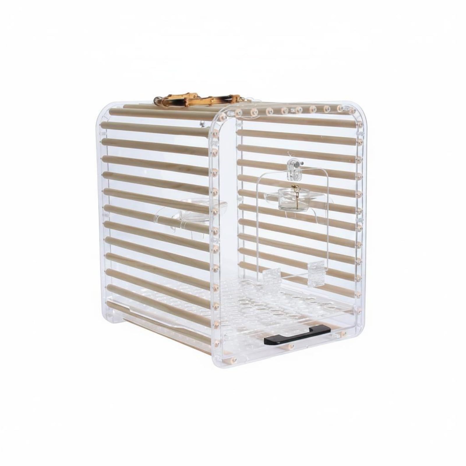 Jaula para Pájaros Portátil Jaula Transportín Aves Caja Acrílica Transparente con Asa de Bambú y Estructura Rígida con, Mediano, Techo Plano