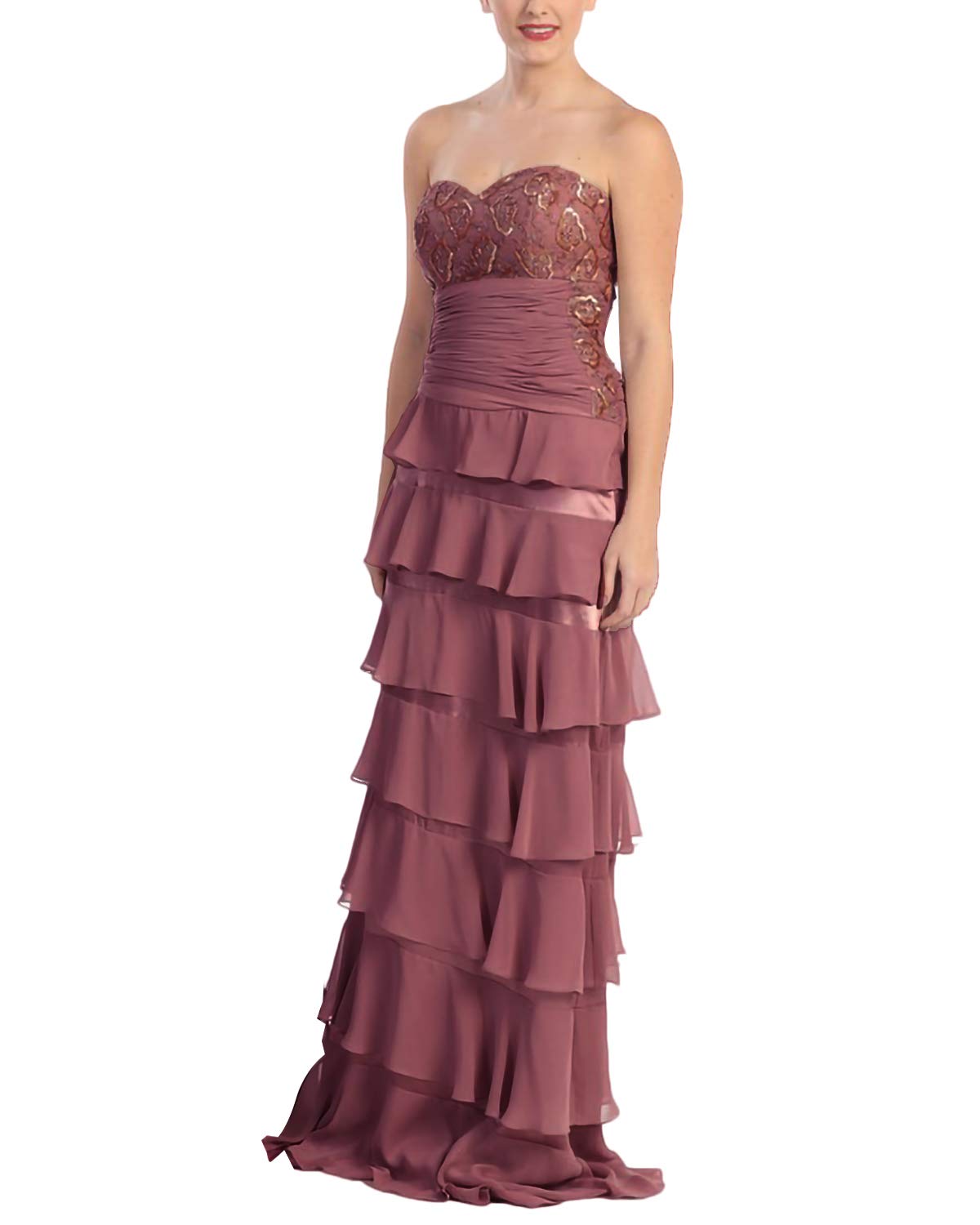 Hima&Penny Women's Vintage Soft Ruffled Tiered Sweetheart Neckline Embellished Cocktail Wedding Party Lace Maxi Dresses