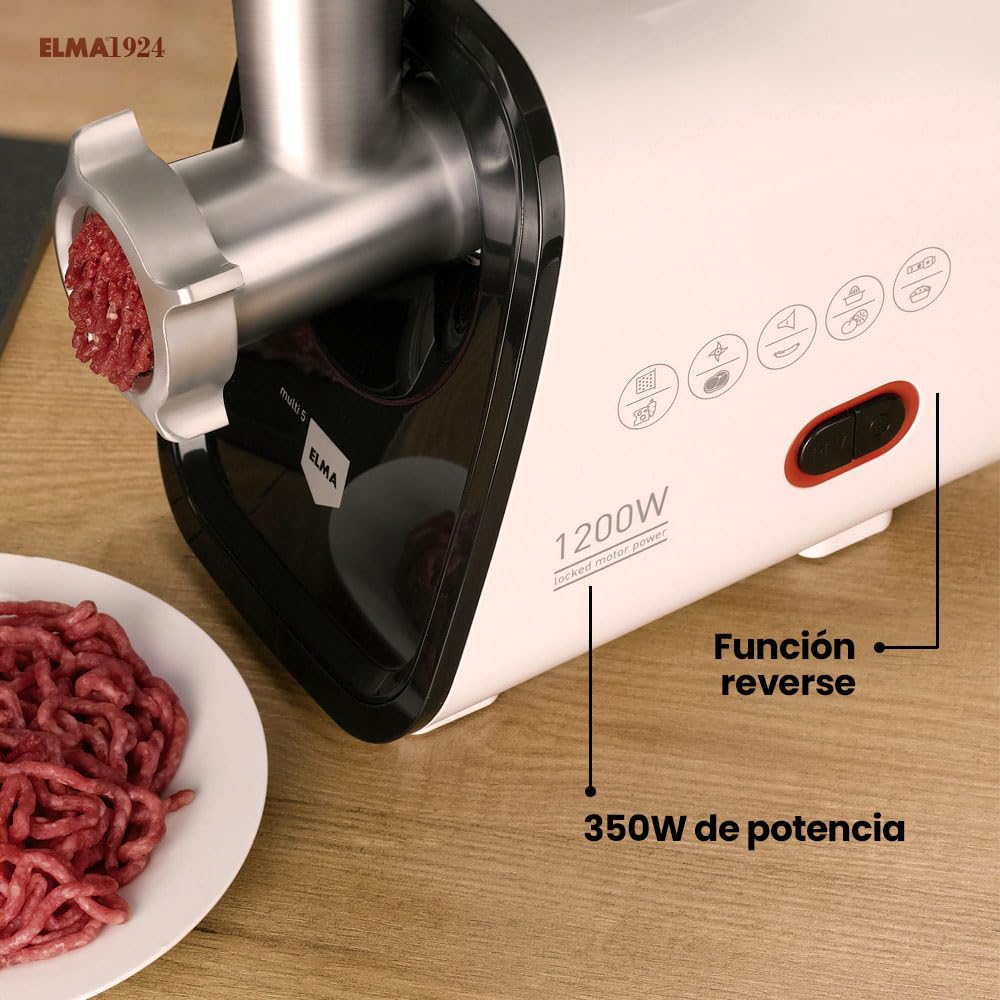 ELMA Picadora de carne eléctrica MULTI5 – Máquina Multifunción 5 en 1 | 350 W, Cabezal de Aluminio, Función Reverse, Accesorios Incluidos