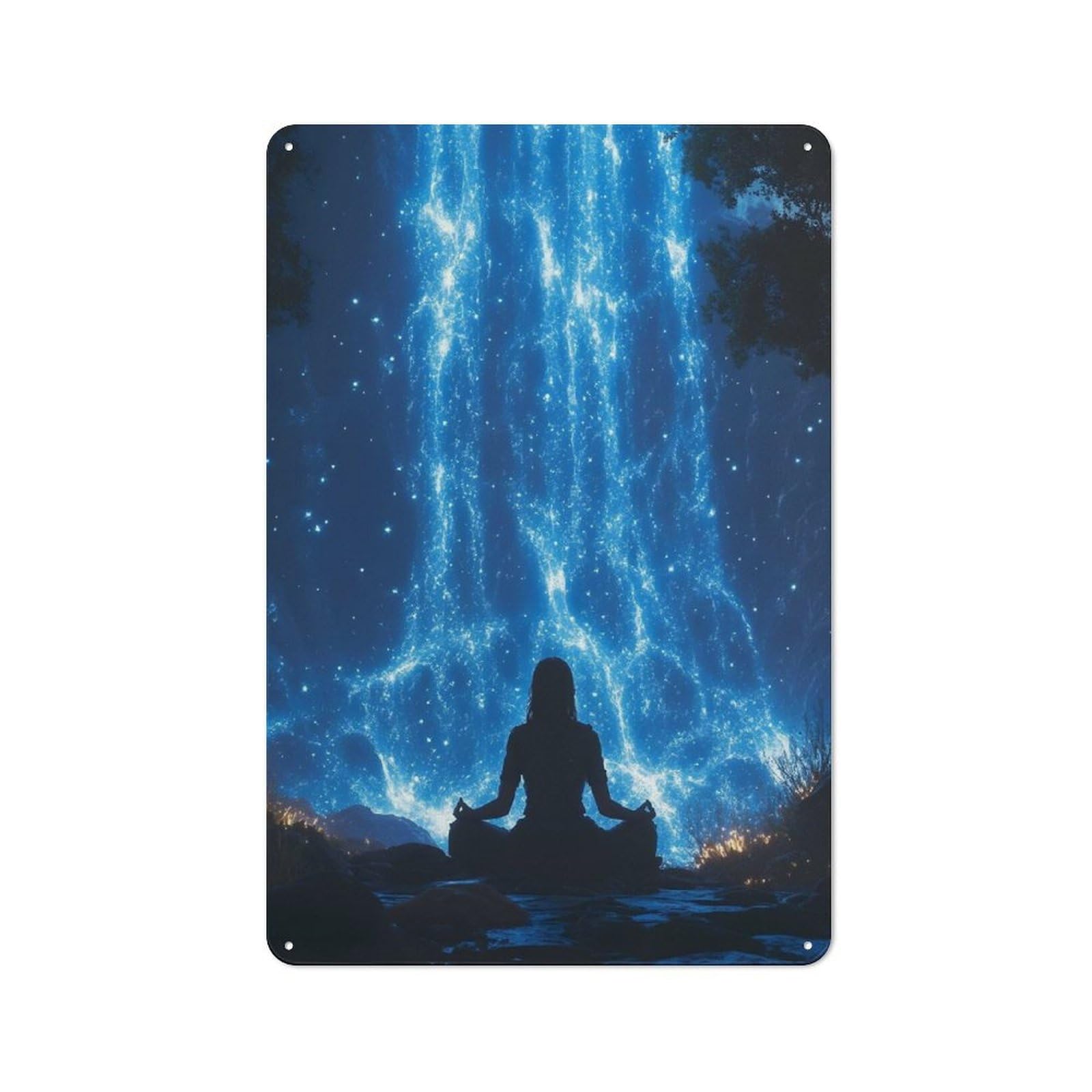 Junmoney Style-19 Meditating Figure Under A Celestial Waterfall Workshop Style Metal Wall Decor 30X20cm, Decorative Metal Plaque For Garage, Workshop, Shed Or Utility Room