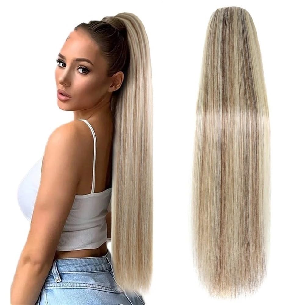 Extensión de cola de caballo, Extensión de cola de caballo con cordón y clip for mujer - Postizo liso de rubio castaño dorado(22inch)