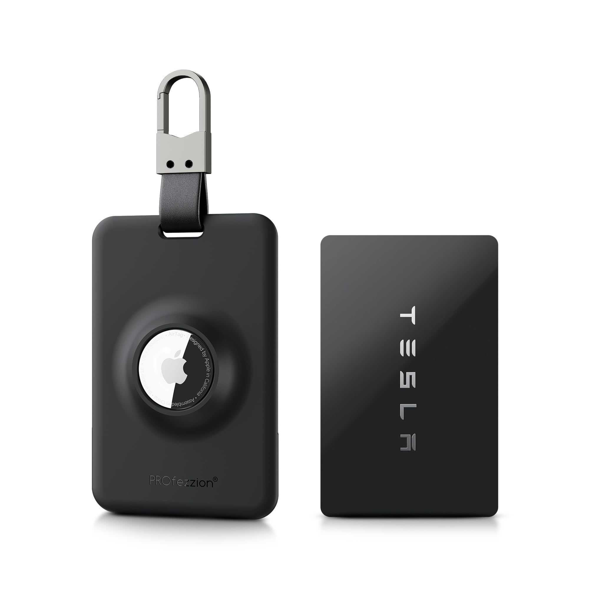 PROfezzion 1-Pack Secure Tesla Key Card Holder with Air Tag Slot, Durable Plastic Card Key Case for Model 3 Y S X Accessories with Anti Scratch Protective Film and Multi Keychain Rings, Silm Black