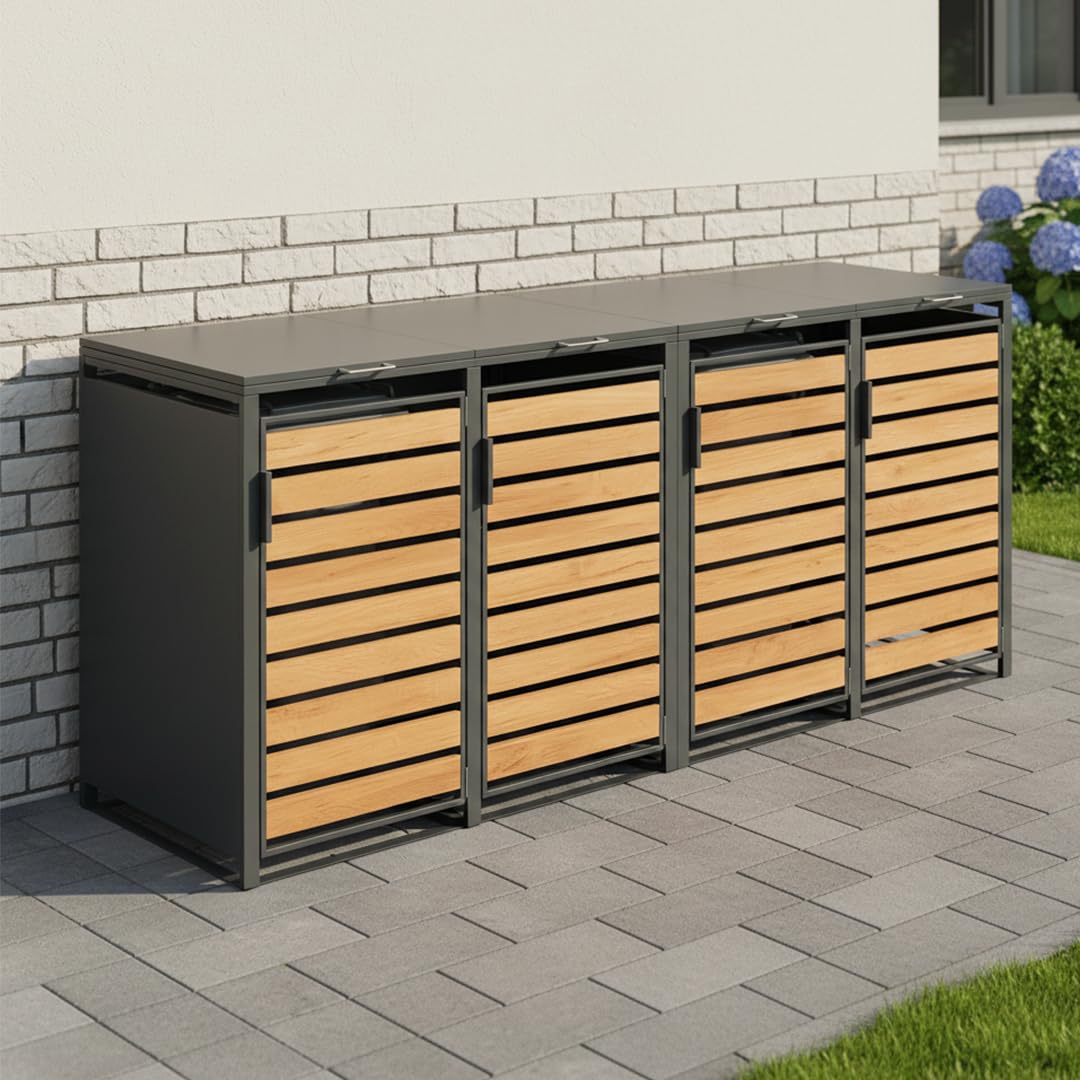 STEELSØN Kestra Mülltonnenbox 4er bis 240L – Mülltonnenverkleidung aus Stahl mit Sichtstreifen in Holzoptik – hochwertige Müllcontainer für 4 Tonnen – Müllbox in Anthrazit – Gerätebox wetterfest