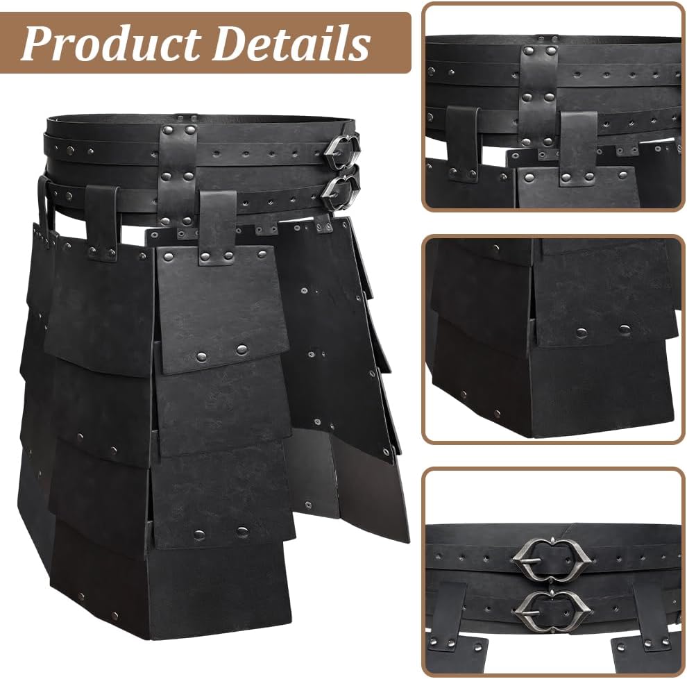 Medieval PU Leather Waist Armor Viking Skirt with Wide Buckle Belt Retro Double-Sided Thigh Armor Mercenary Knights Skirt for LARP Cosplay Costume Make-up Party (Black)