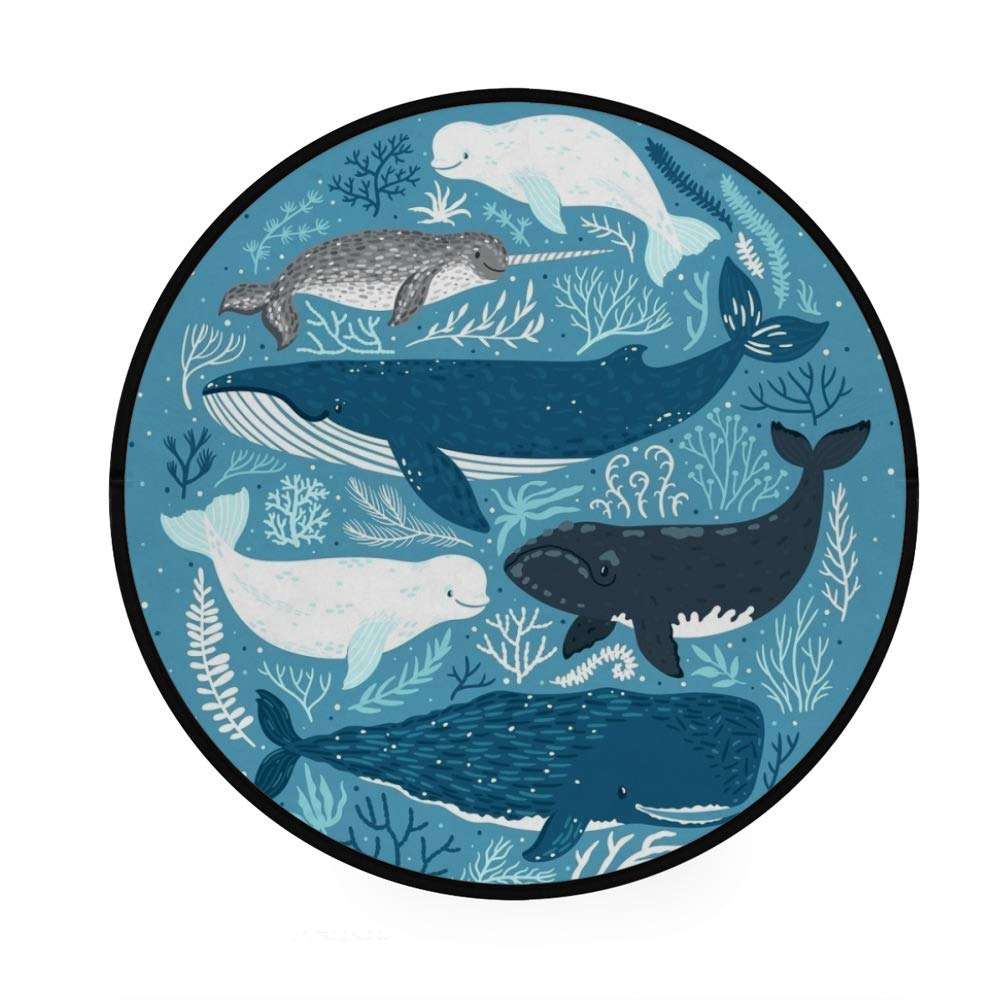 Orediy 92 CM Round Foam Soft Rugs Blue Whales Lightweight Kids Nursery Playing Rug Floor Yoga Mat for Living Room Bedroom