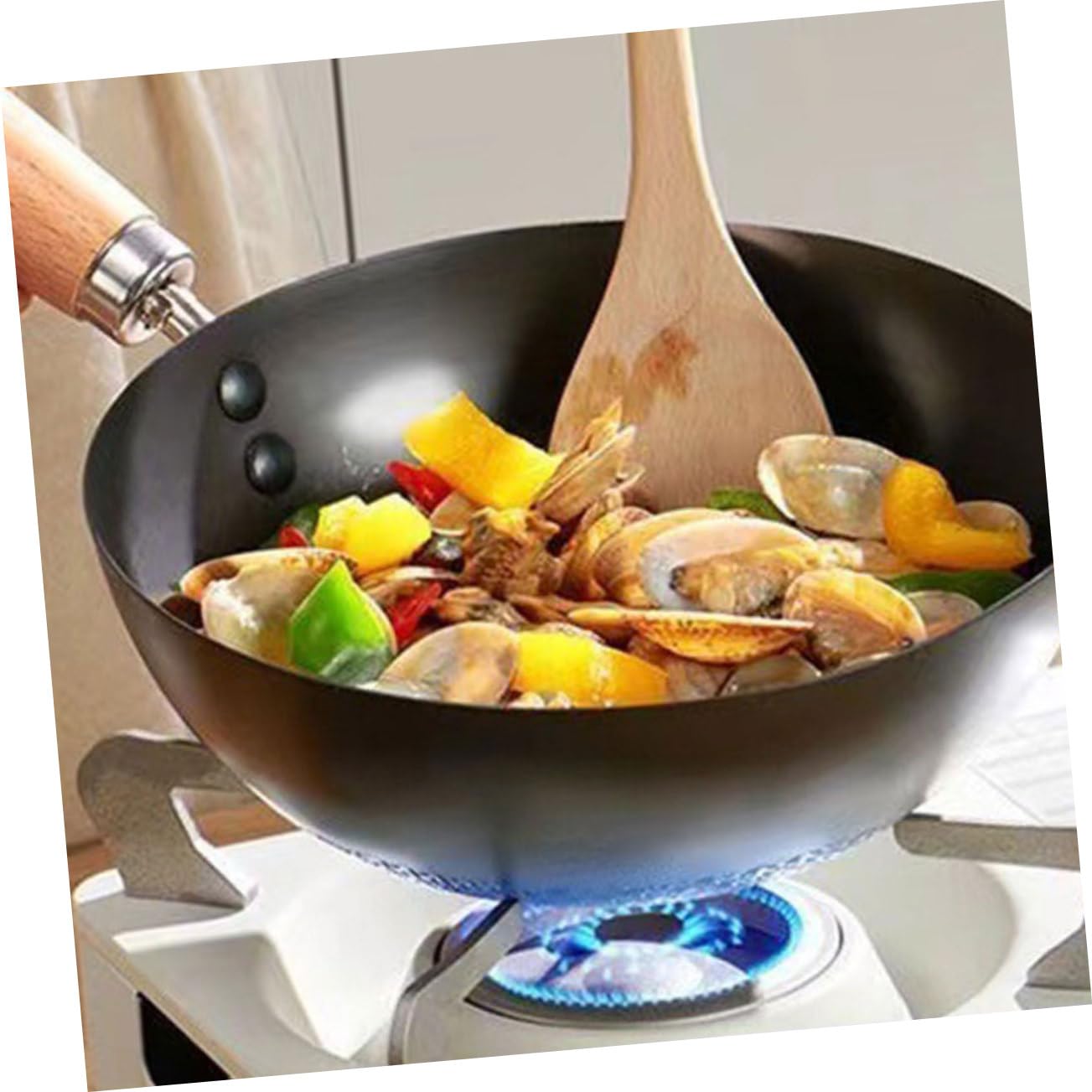 Alipis Kleine Wokpfanne für Induktionsherd Eisen mit Holzgriff Hitzebeständig Vielseitig für Braten und Dämpfen Schwarz