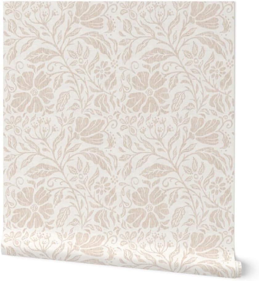 Removable Wallpaper 9ft x 2ft - Neutral Beige Floral Earth Tone Warm Botanical Mochrome Tan Flowers Boho Spring Custom Pre-Pasted Wallpaper by Spoonflower
