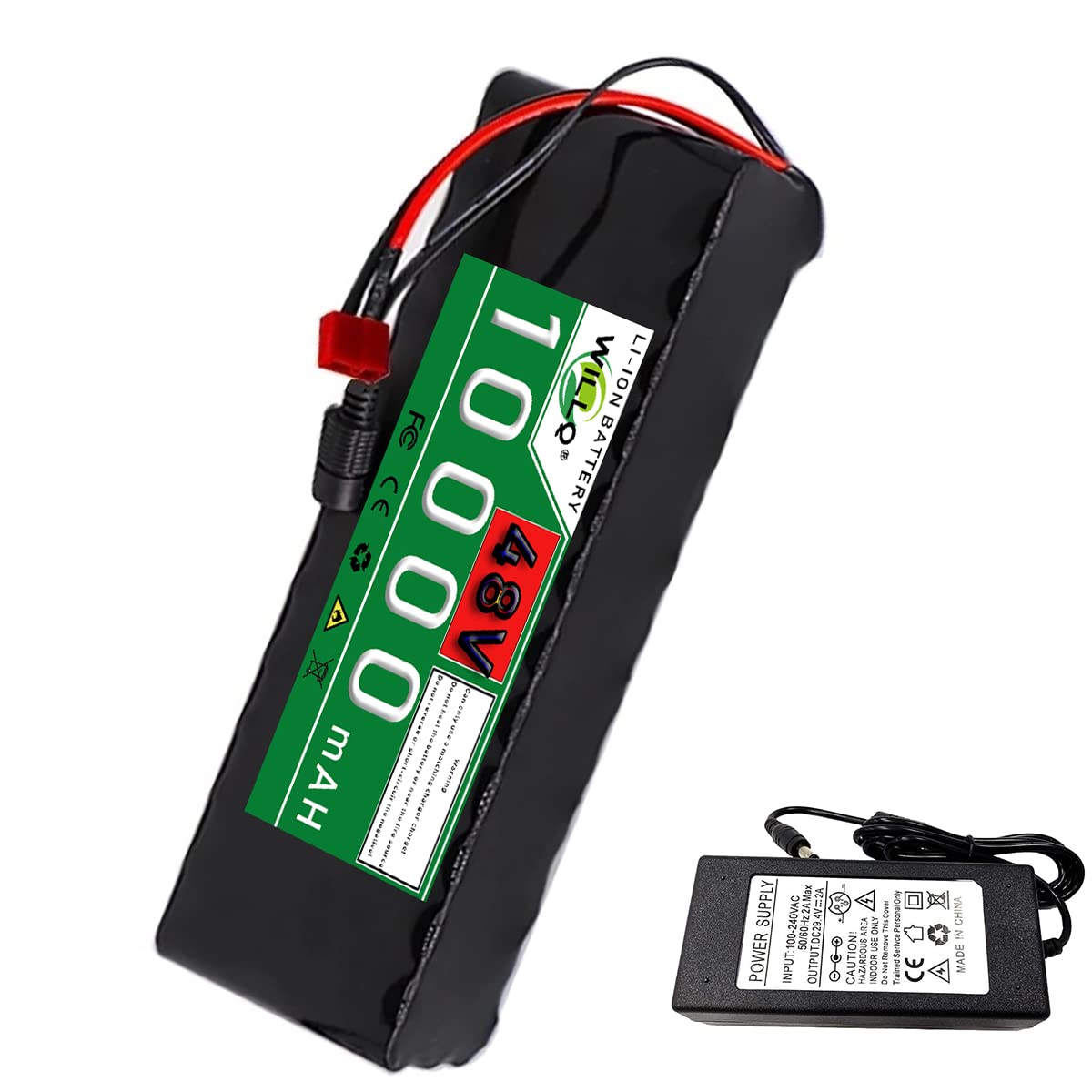 WILLQ 48V 10Ah E-bike Battery 48 Volts Lithium Battery Pack 13S4P 10000mAh Rechargeable Battery for 500W Scooter Motor Waterproof Electric Bicycle Battery with Charger,48v10ah t