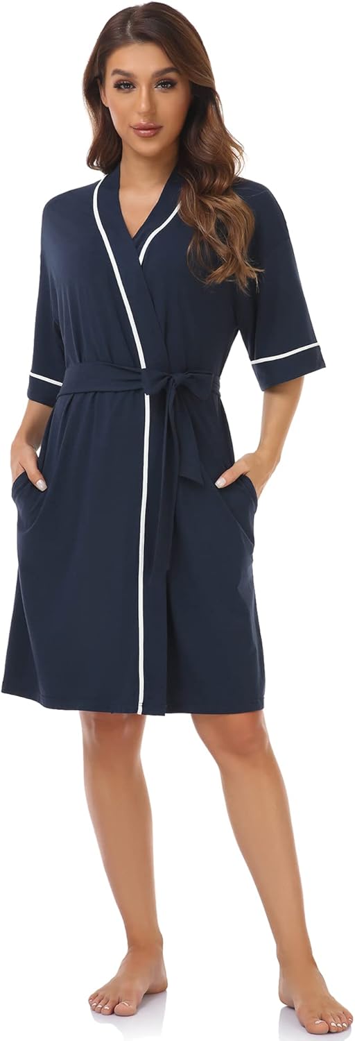 COLORFULLEAF Womens Bamboo Short Robes Lightweight Kimono Cotton Robe Soft Knit Bathrobe Ladies Loungewear with Pockets - Image 3