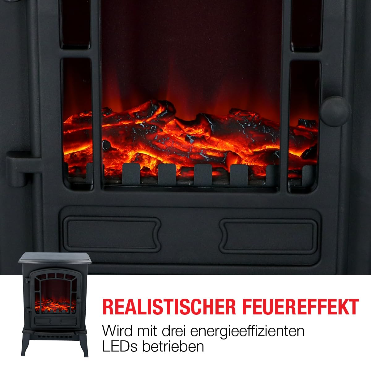 Torino Elektrokamin mit Heizung – Elektroheizung 2000W - Kaminofen mit Heizung, Schalttafel und Timer - Elektroherd mit LED-Flammen - Freistehend - Schwarz