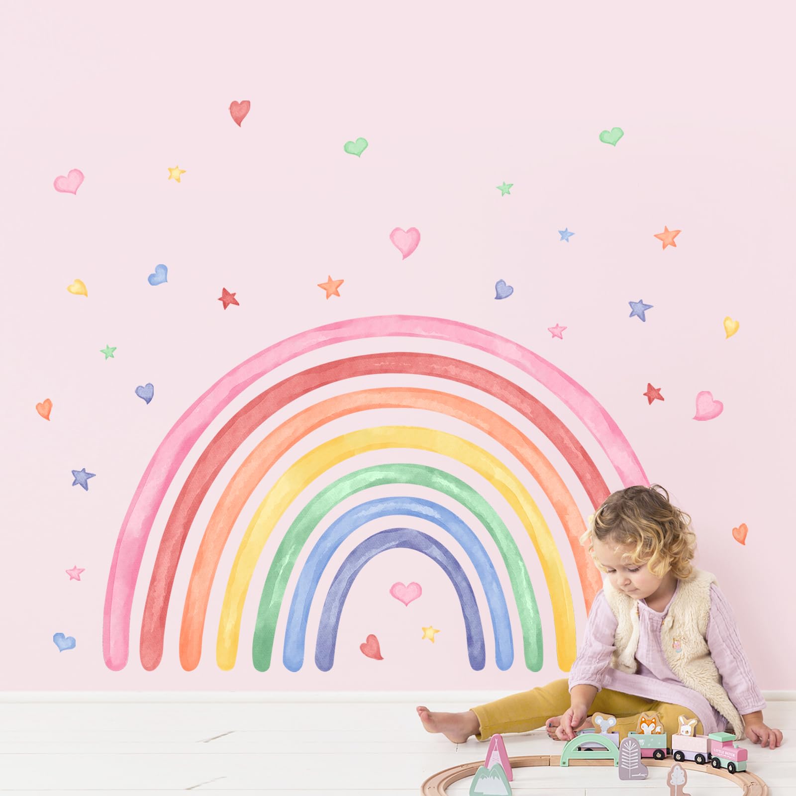 42"x26" Rainbow Hearts Stars Wall Decals for Girls Nursery Watercolor Rainbow Wall Mural Stickers Peel and Stick Vinyl Wall Art for Kids Toddlers Bedroom Playroom Classroom Wall Decor - Image 2