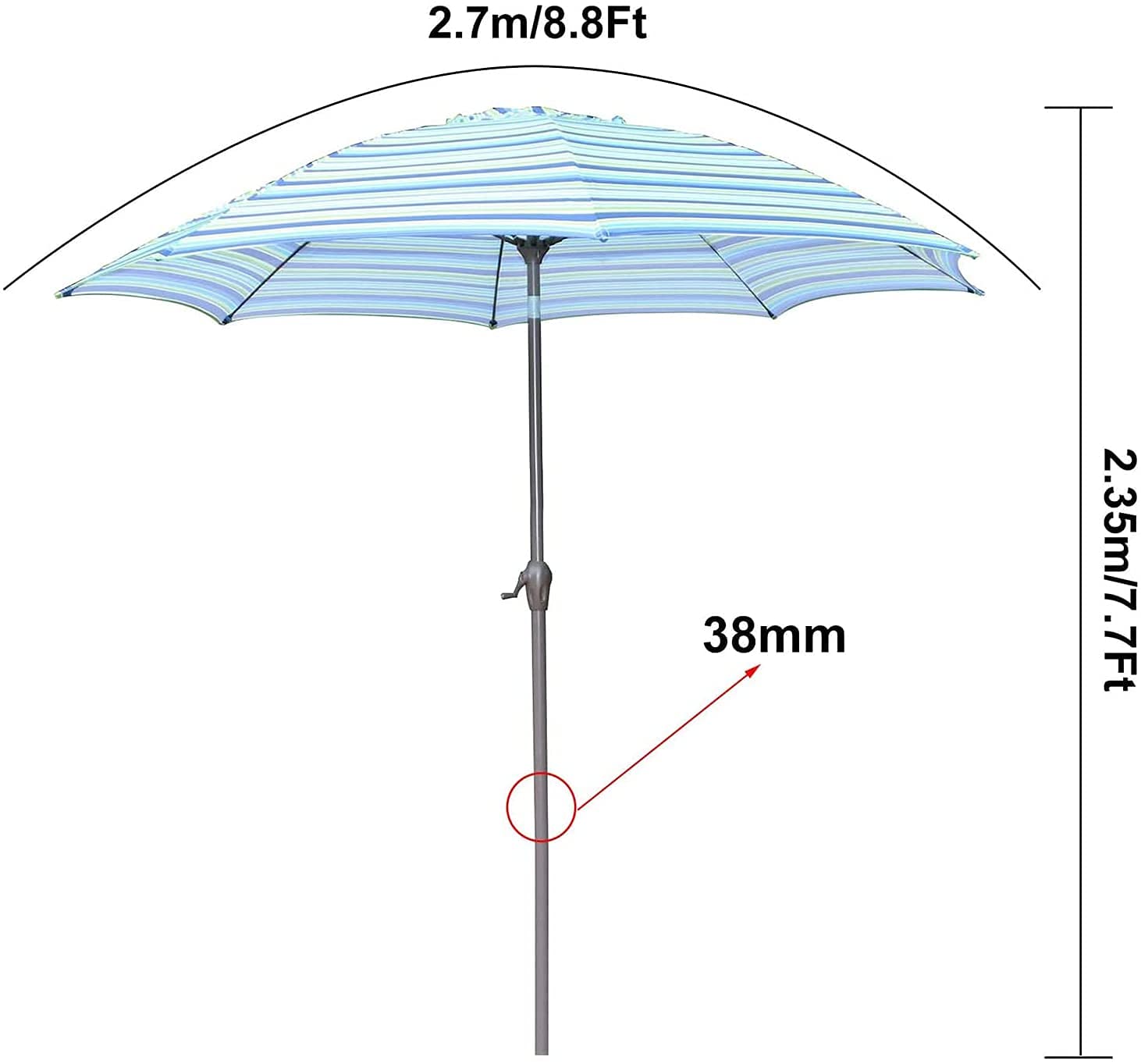 Parasol ogrodowy, duży parasol w paski, parasol plażowy, wentylacja/pochylenie/korba/8 żeber, na podwórko/ogrodowy parasol stołowy na zewnątrz