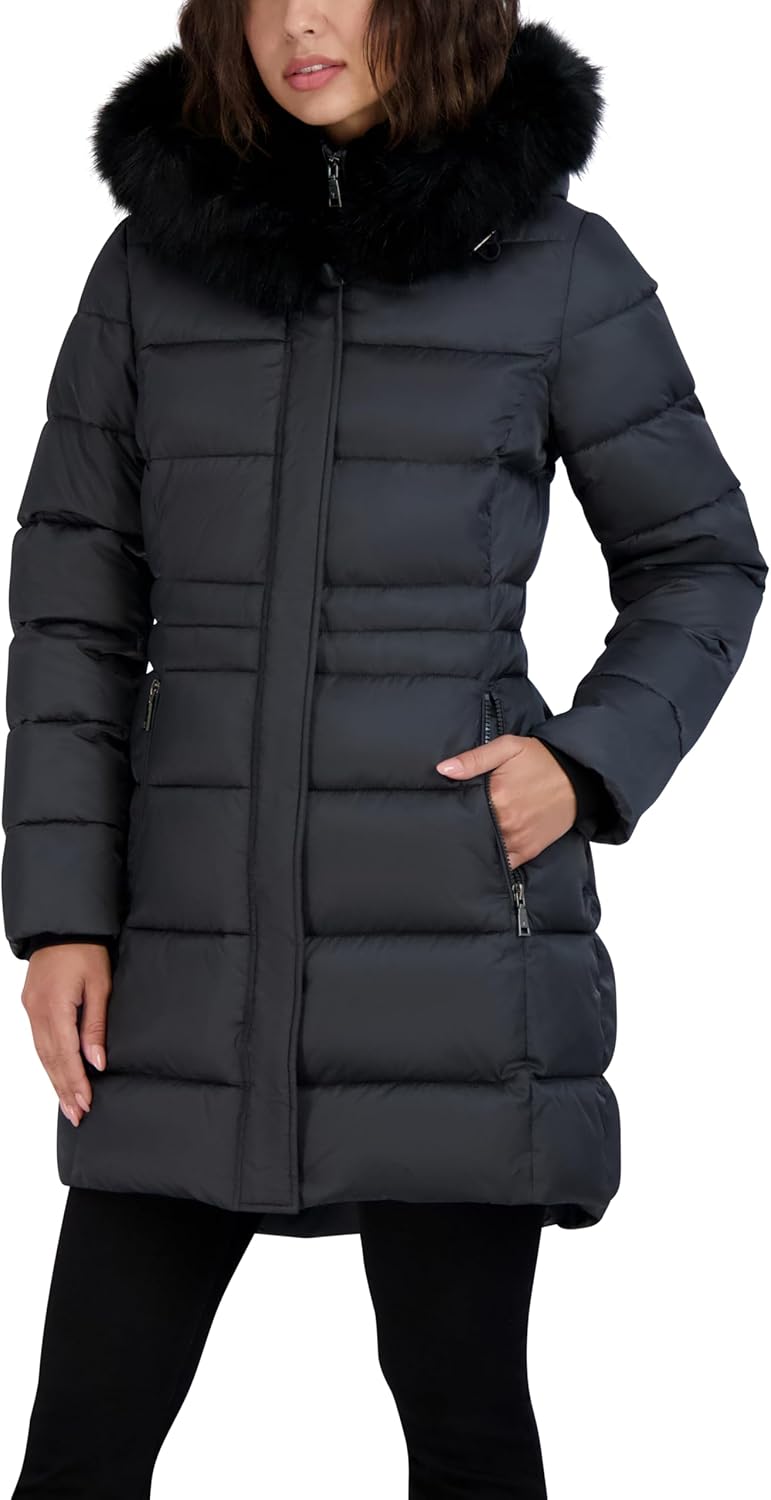 TAHARI Women's Mid-length Quilted Puffer Coat With Attached Hood, Faux Fur Trim, Velvet Bib & Zipper Closure - Image 4