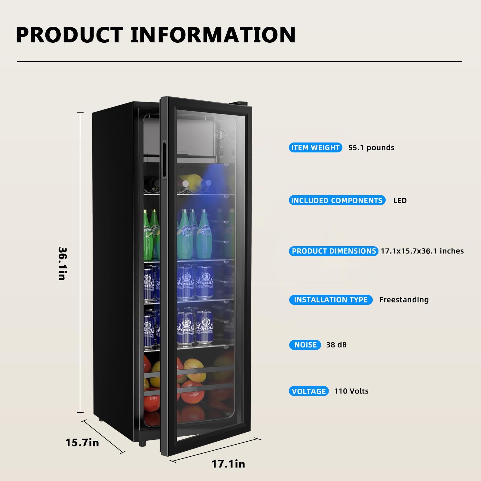 rosmena Beverage Refrigerator, 180 Can Freestanding Mini Refrigerator with 7 Adjustable Thermostat, Drink Dispenser with Adjustable Shelves, Suitable for Home/Office, Black on Fridge.com