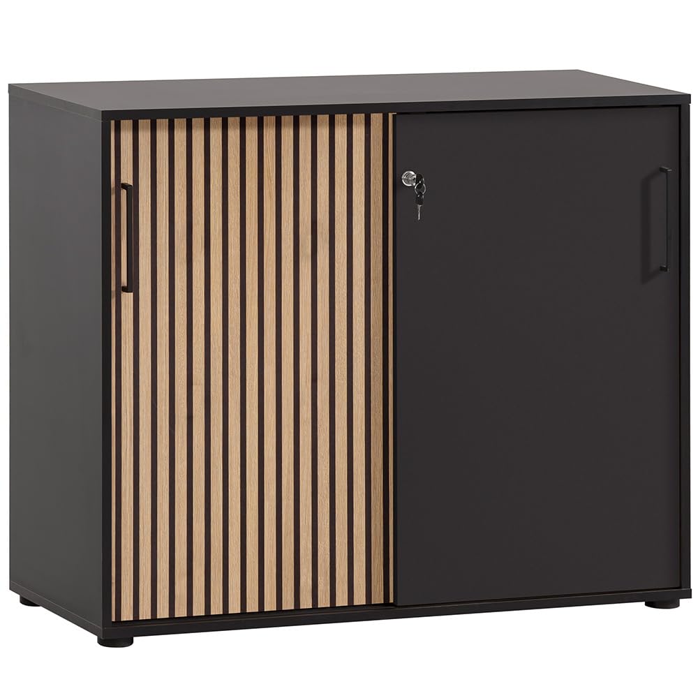 Lomadox Aktenschrank abschließbar Büroschrank mit Schiebetüren 100cm Breite modern in schwarz Akustikpaneel-Optik