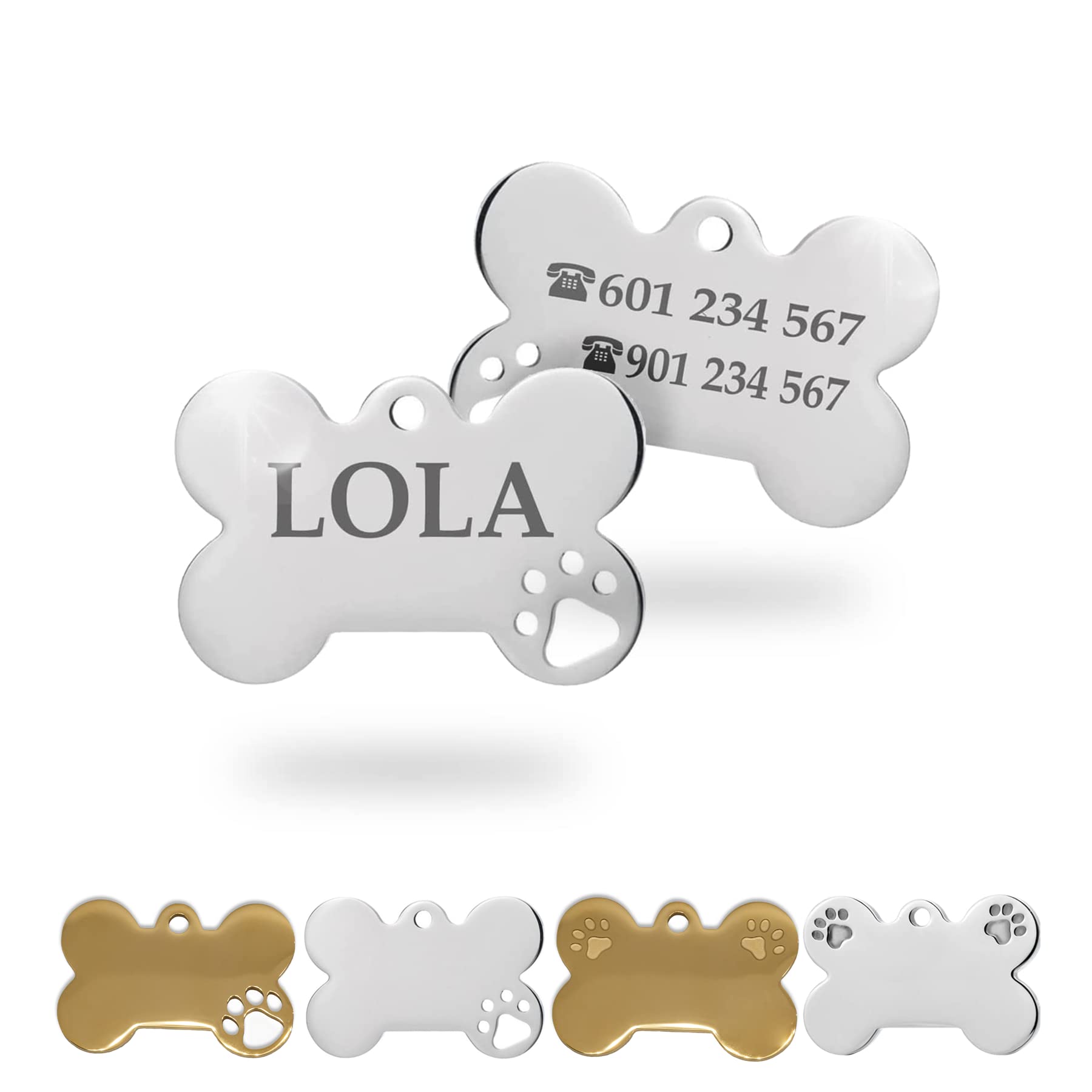 Ibera gifts - Chapa Identificación Personalizada para Perros y Gatos Pequeños a Medianos en Forma de Hueso con Huella Placa Identificativa Mascota Grabada Nombre Collar Colgante (Peq. 1 Huella)