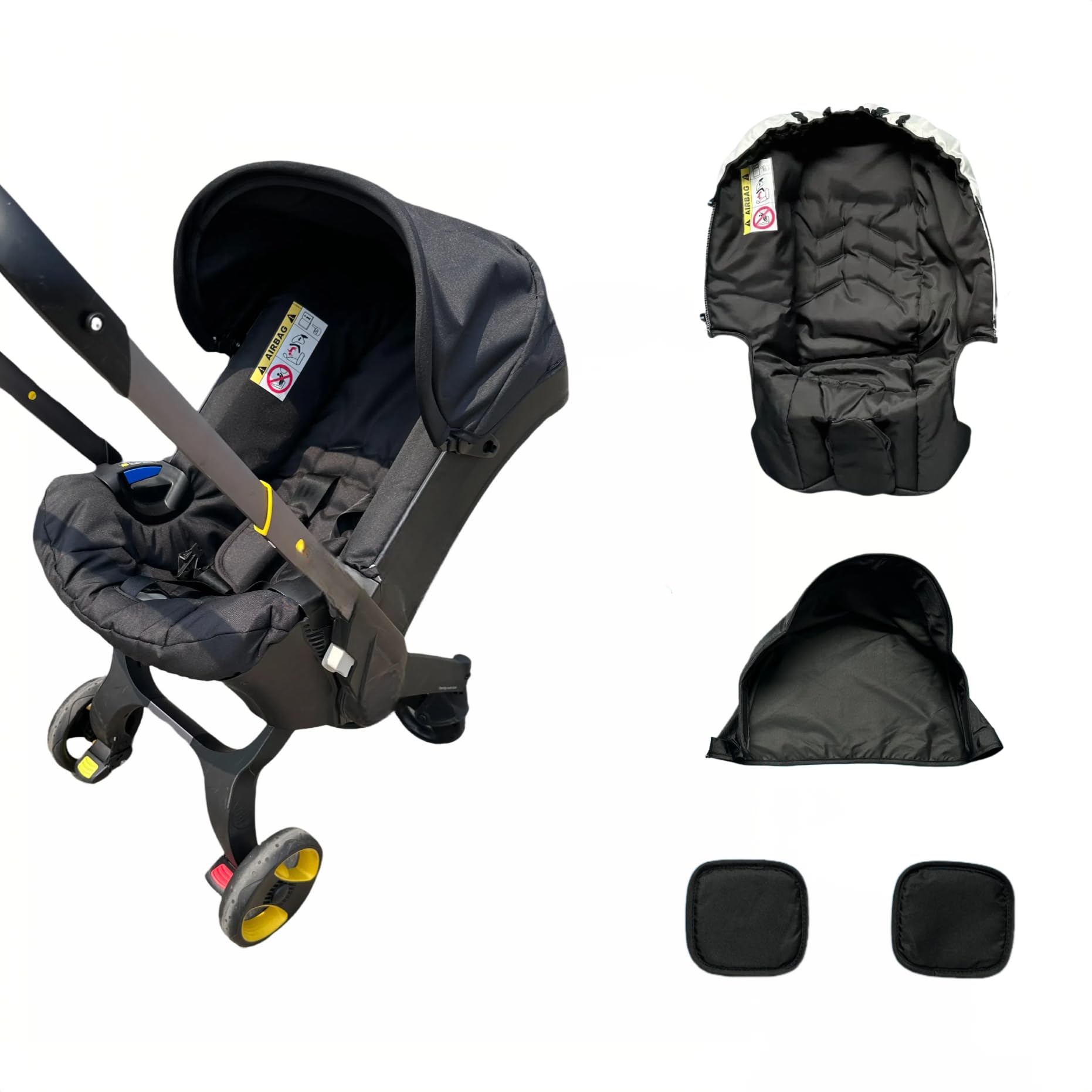 Passend für Doona Autositz-Kinderwagen 4-in-1-Ersatzzubehör-Set Baldachin Sonnenschutz Sitzkissen Schulterpolster Einsatz Schwarz